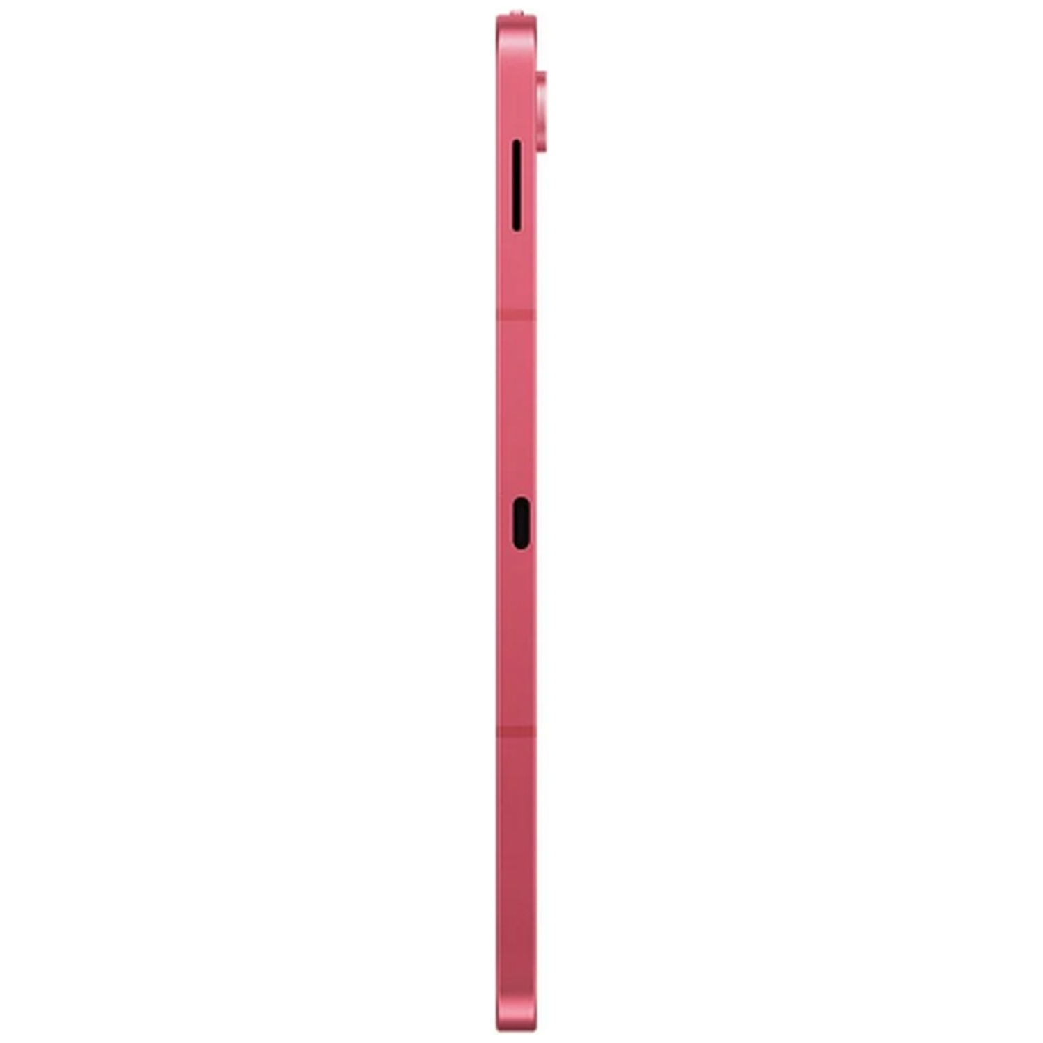 Side view of a pink tablet. It has a camera, buttons, and a charging port. The tablet is against a white background.