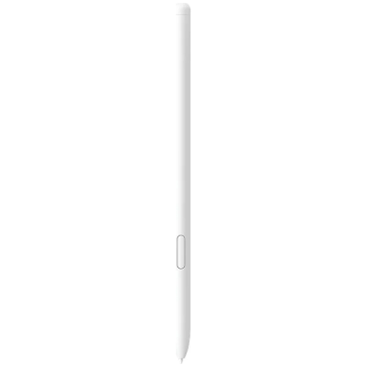 A white stylus pen on a white background. The pen is long and slender with a button near the middle.