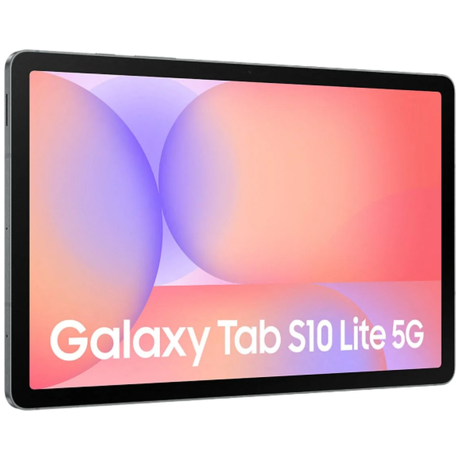 Une tablette affiche un fond dégradé coloré avec le texte 'Galaxy Tab S10 Lite 5G'. L'appareil a un cadre sombre.