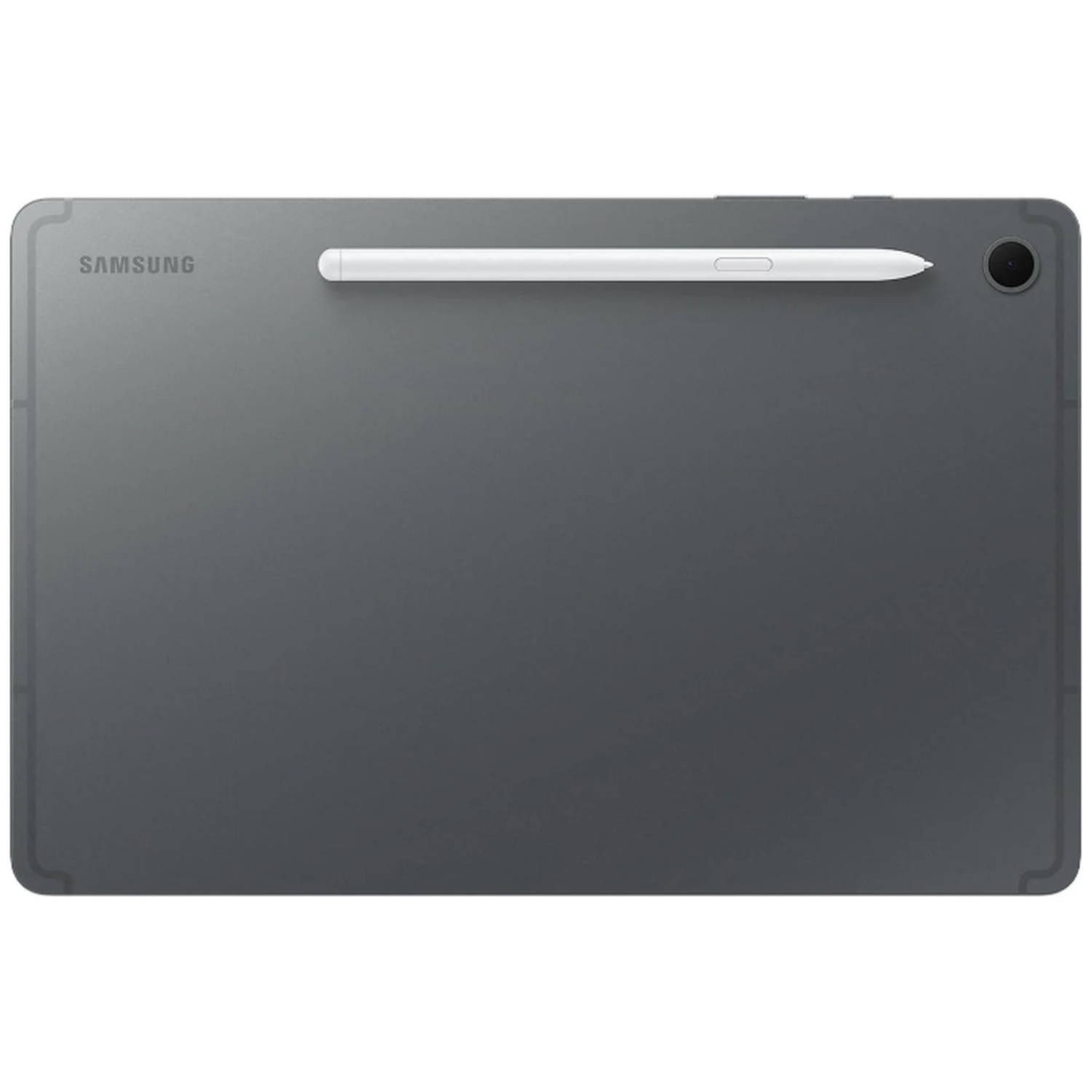 Une tablette Samsung gris foncé avec un stylet blanc attaché. La tablette a une caméra et le logo Samsung.