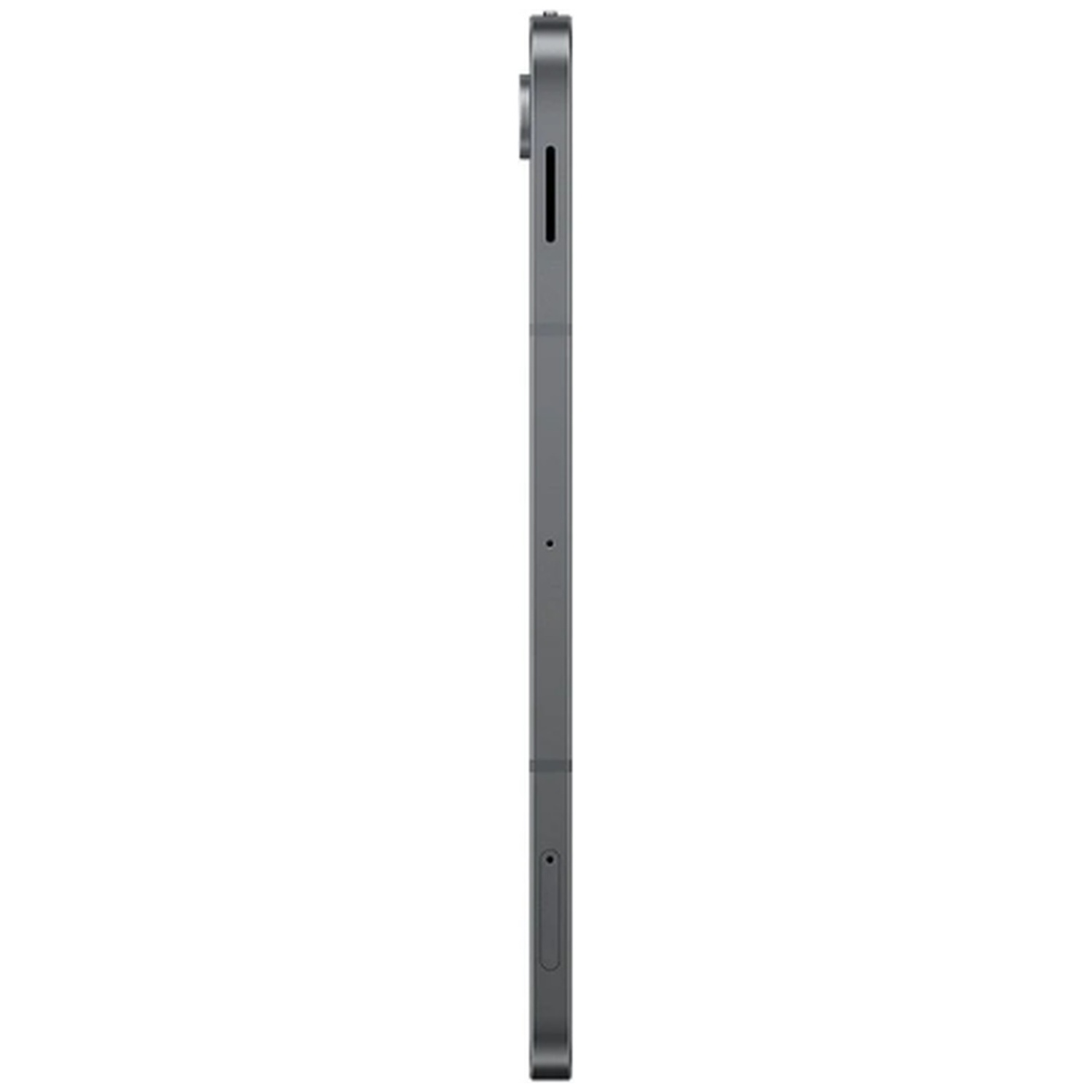 Vue latérale d'une tablette grise. Comprend une caméra, un bouton d'alimentation et un port de chargement. La tablette est sur fond blanc.