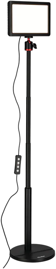 Ein schwarzes LED-Licht mit Ständer. Es hat ein rechteckiges Licht, einen schwarzen Ständer und ein Bedienfeld.