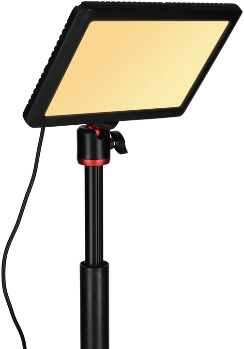 Eine quadratische LED-Leuchte auf einem Ständer. Das Licht ist schwarz mit gelbem Schein. Ein schwarzer Ständer mit roten Akzenten stützt es.