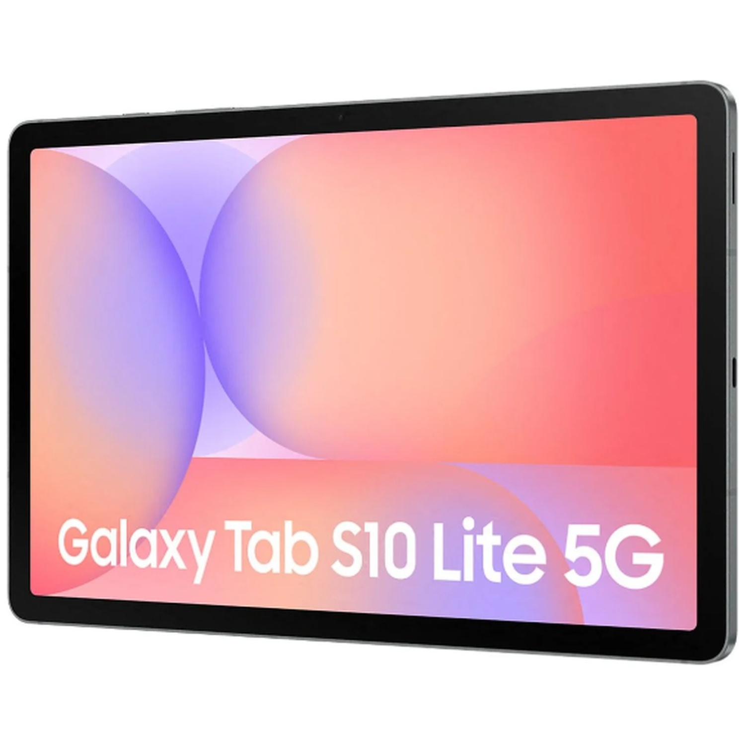 Une tablette, Galaxy Tab S10 Lite 5G, avec un écran coloré. L'écran affiche un dégradé de couleurs rose, orange et violet.