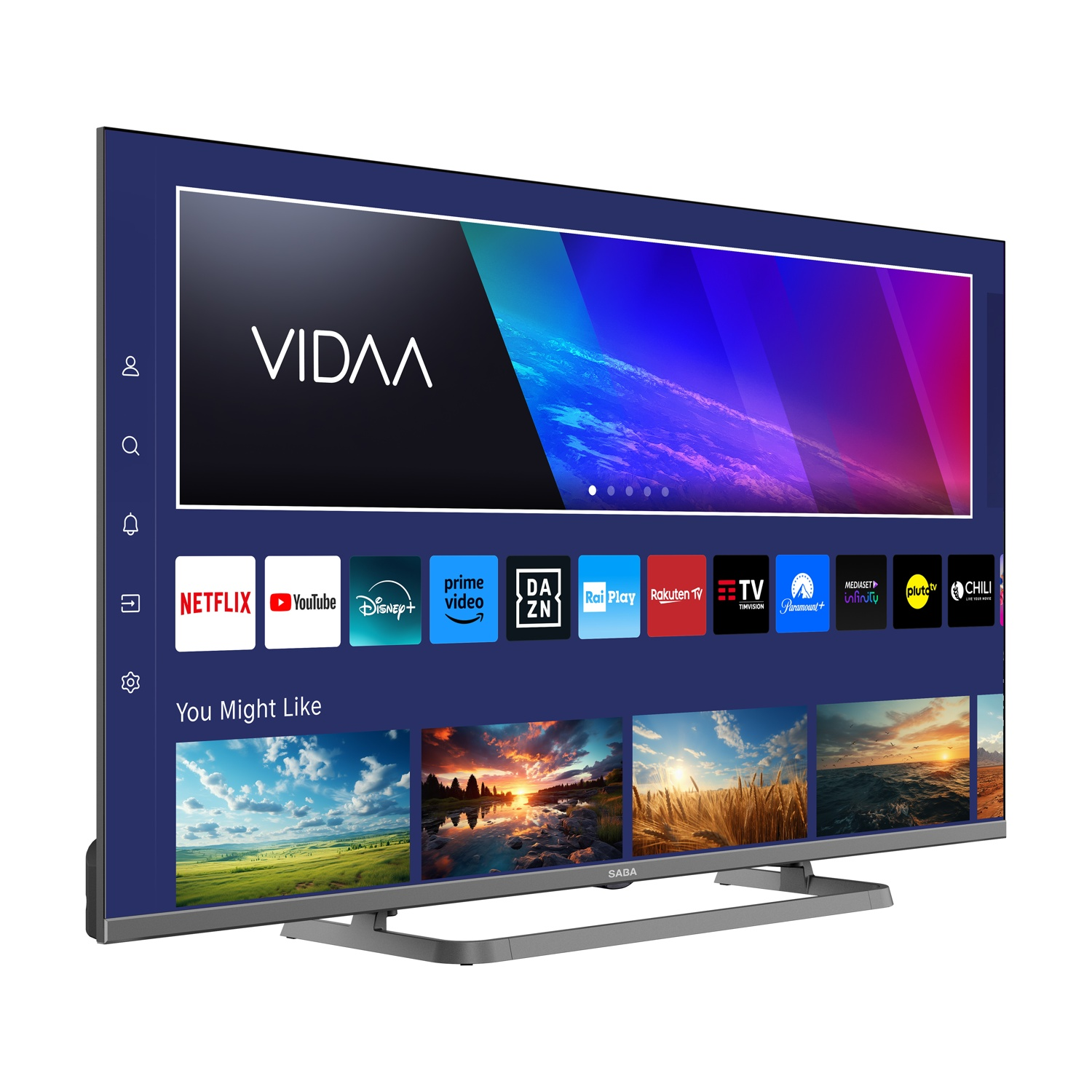 Una moderna TV mostra il logo VIDAA e le icone delle app di streaming. Lo schermo mostra arte astratta colorata. La TV poggia su un supporto grigio.