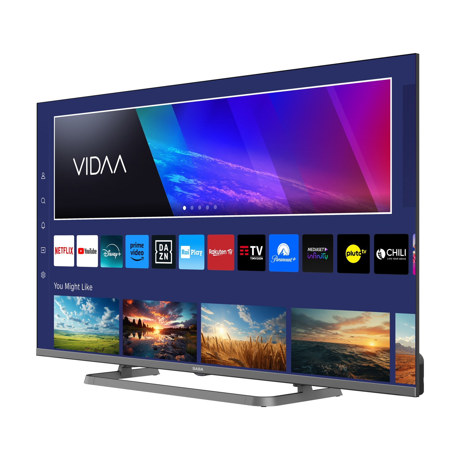 Un grande televisore mostra un'interfaccia VIDAA. Vengono visualizzate app come Netflix e YouTube. Il televisore ha un supporto argentato.
