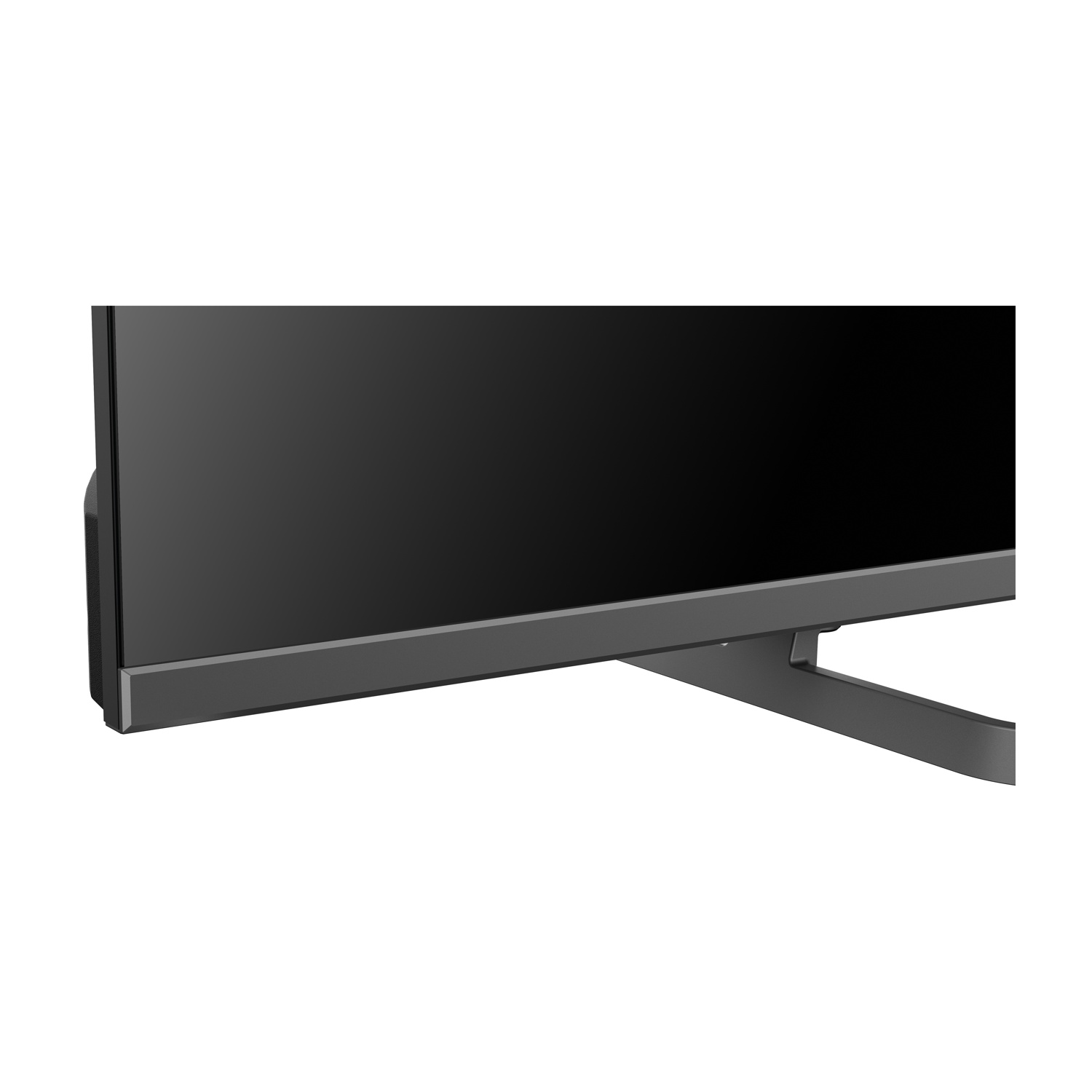 Vista ravvicinata di uno schermo TV nero, bordo inferiore e supporto visibili. Lo schermo è scuro, il supporto è grigio.