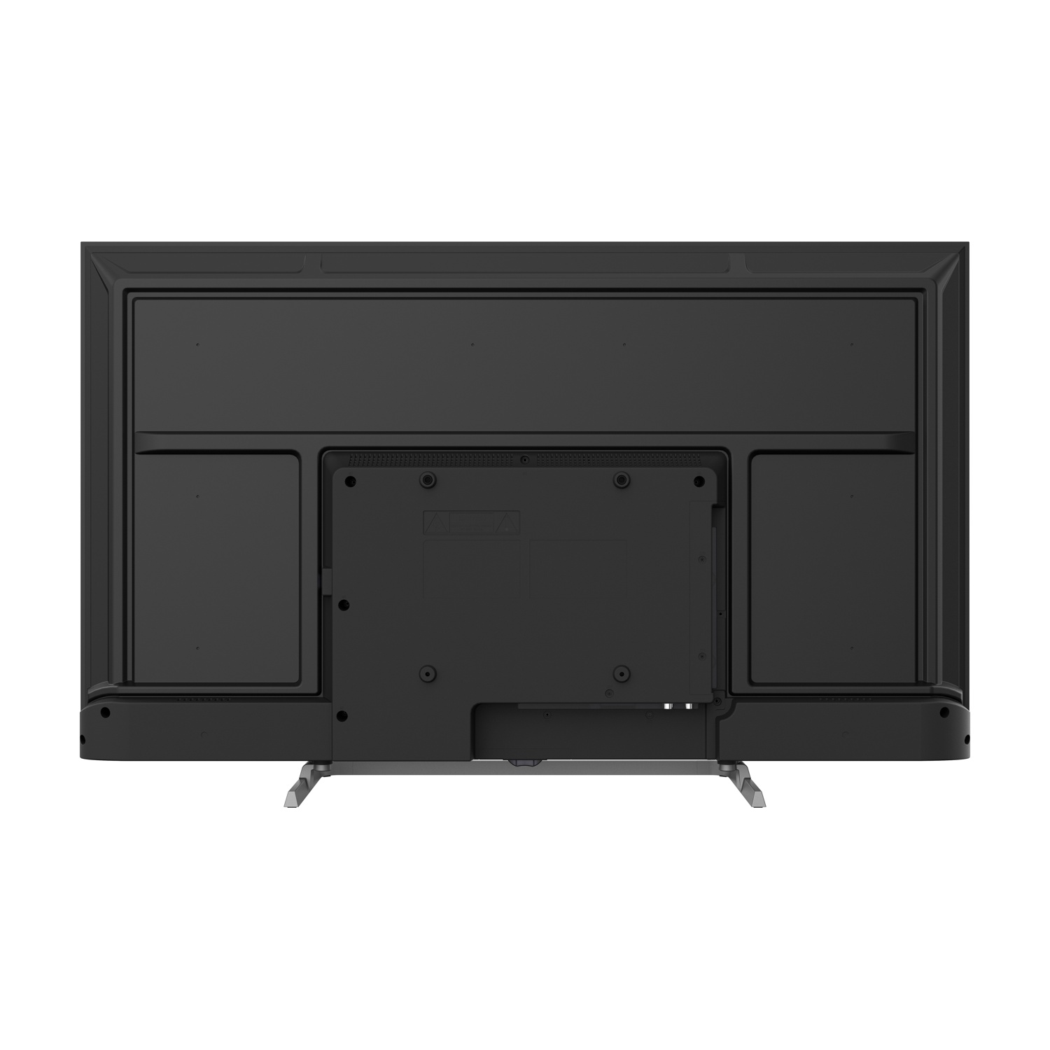 Vista posteriore di una TV a schermo piatto nera. Ha una forma rettangolare con supporto e vari punti di connessione.