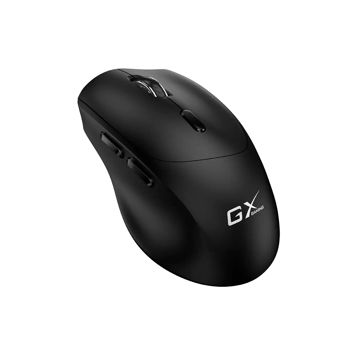 Egy fekete gamer egér oldalsó gombokkal, görgővel és a 'GX gaming' logóval, fekete háttérrel.