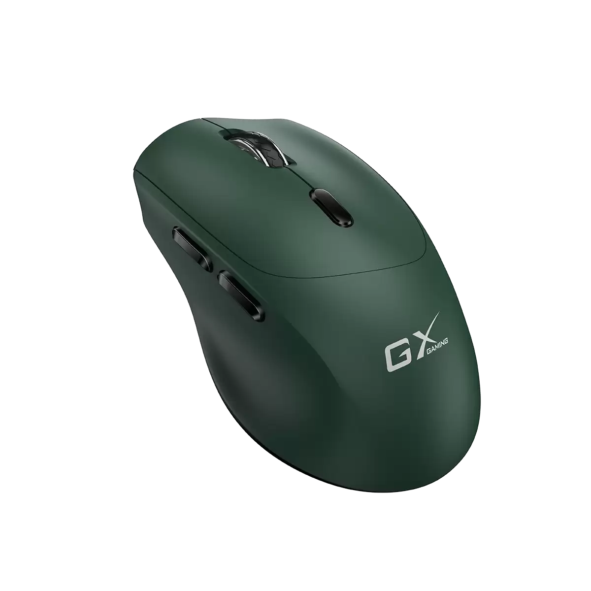 Egy zöld gamer egér fekete gombokkal és görgővel fekete háttér előtt. Az egéren a GX gaming logója látható.