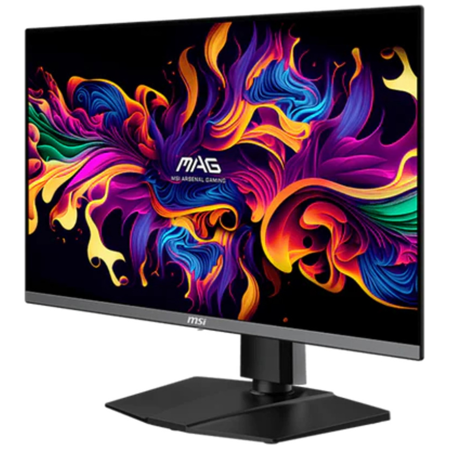 MSI gaming monitor displays a colorful abstract design. The monitor has a black frame and stand. The screen shows 'MAG MSI ARSENAL GAMING'.