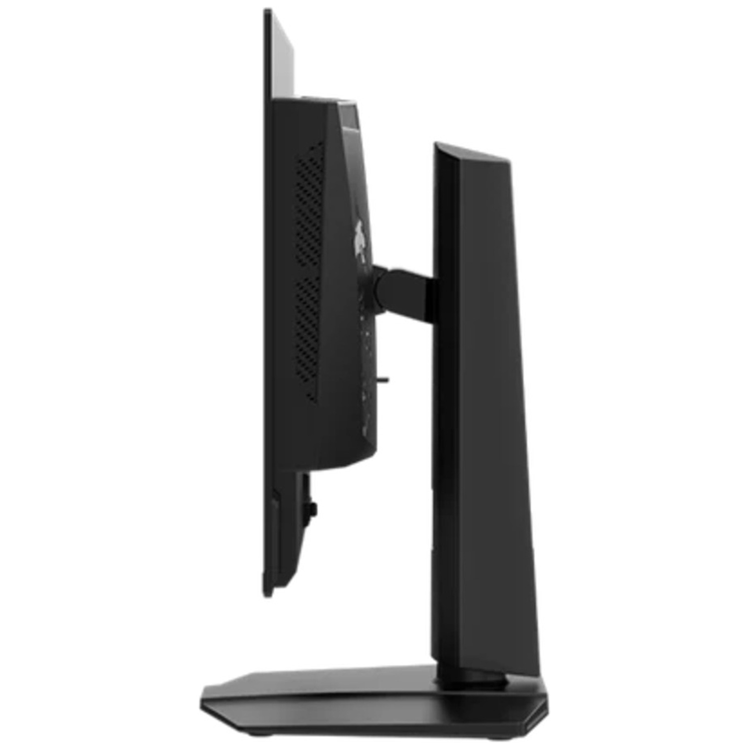 A black computer monitor seen from the side. It has a rectangular screen, a stand, and a supporting arm.