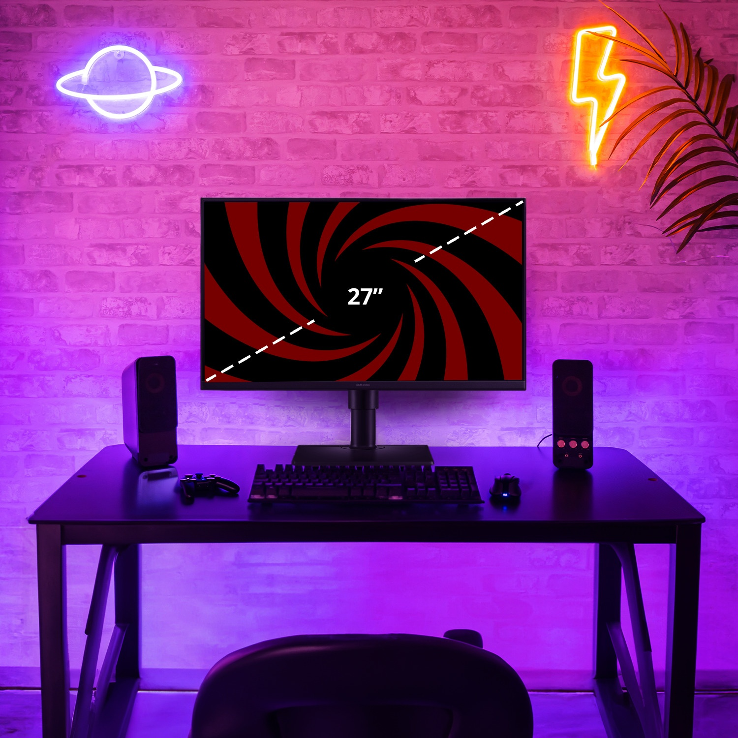 A gaming setup with a 27" monitor showing a spiral design, neon lights, a desk with speakers, keyboard, and a controller.