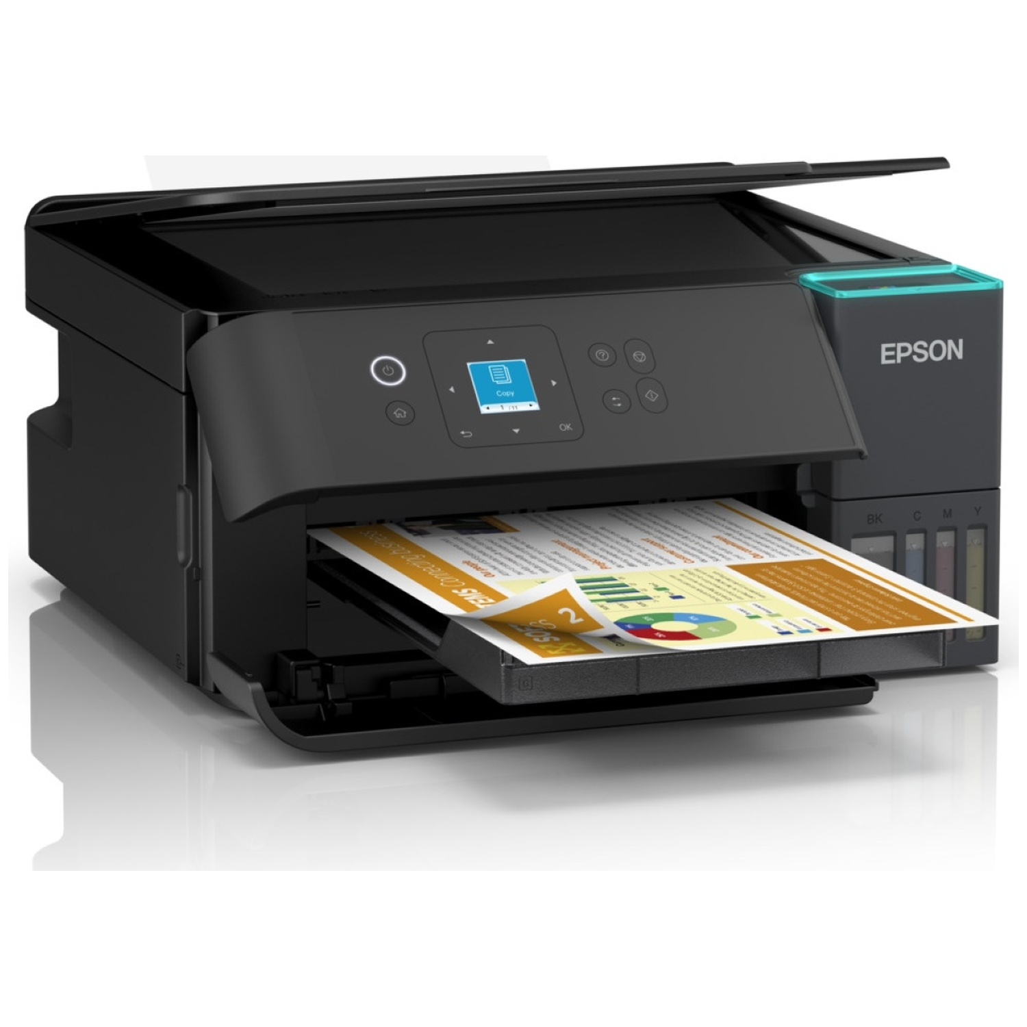 Black Epson printer printing a colorful document. The printer is open with the document visible in the output tray.