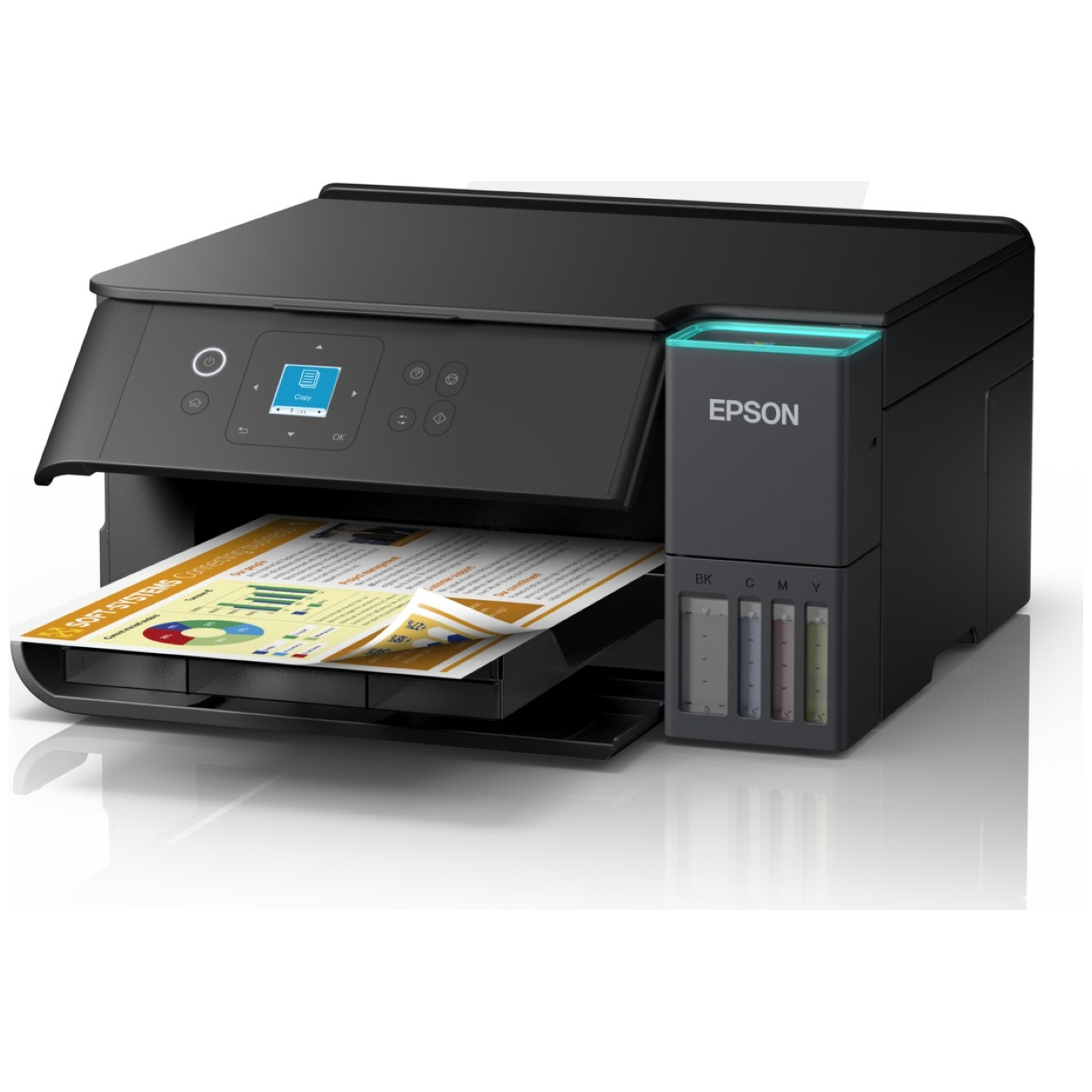 Black Epson printer with paper output. A display and ink tanks are visible. The printer is on a white surface.