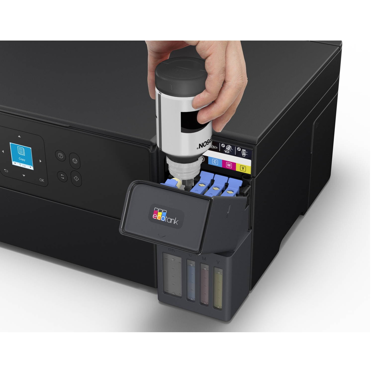 A hand pouring ink from a bottle into an Epson printer. The printer is black with ink tanks labeled C, M, Y, and K. 