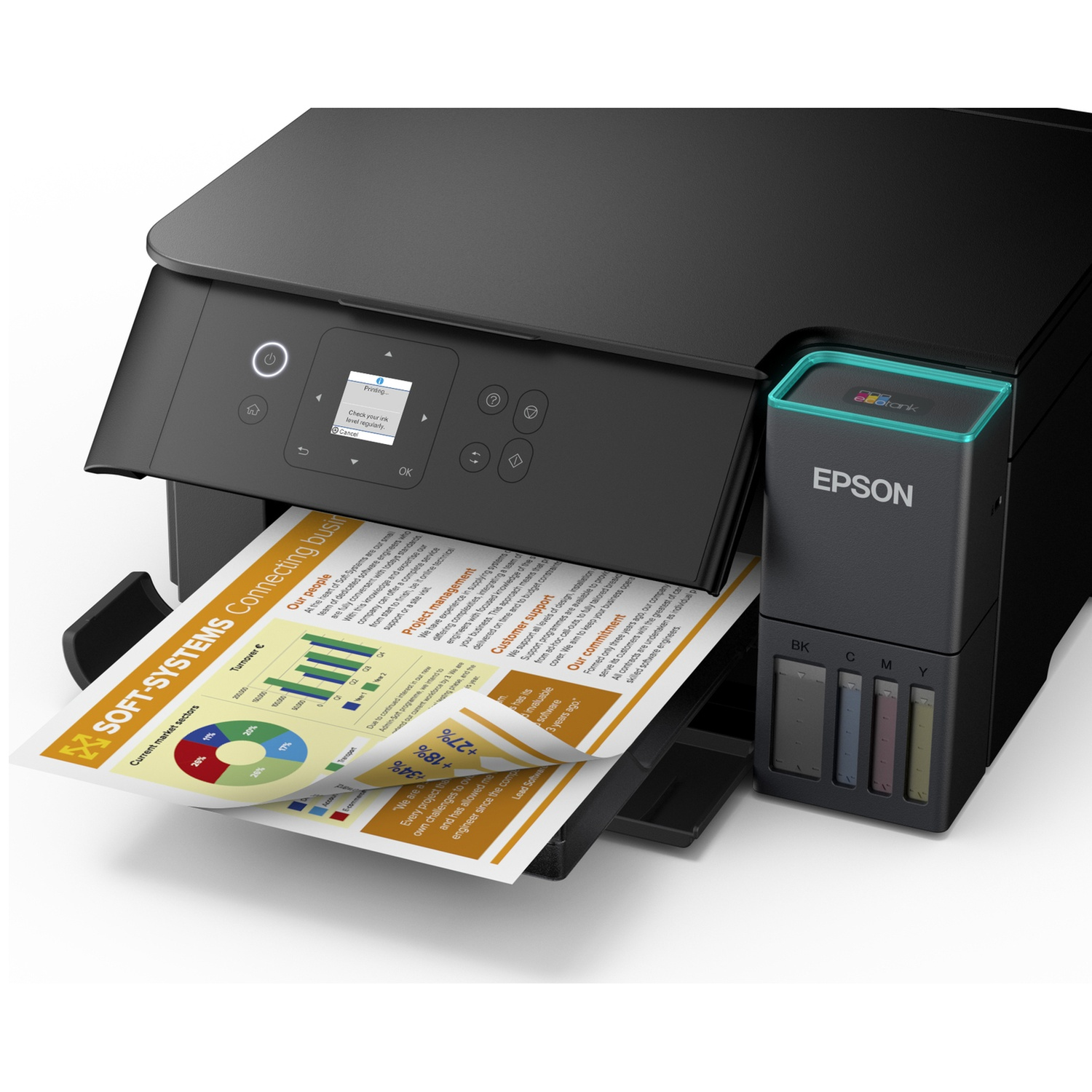 Black Epson printer printing a report. The report has graphs and text. Ink levels are visible on the side.