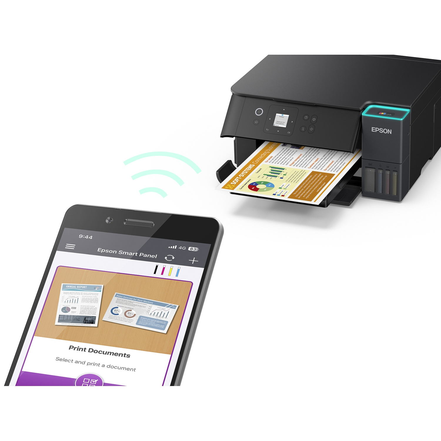A smartphone shows a print document app, a printer is printing a document wirelessly. The printer is black and has the Epson logo.