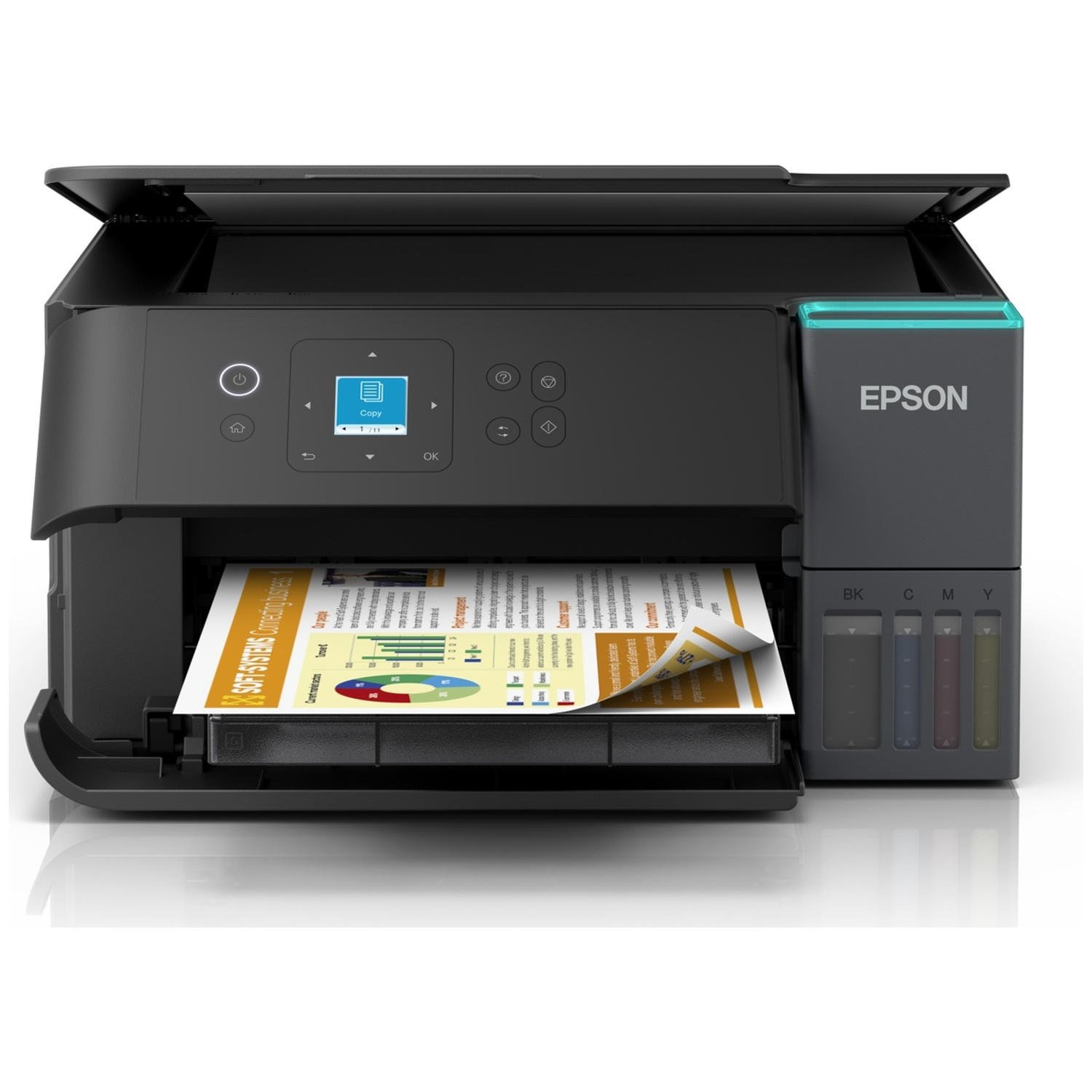 Black Epson printer with open top. A printed paper is in the output tray. Color ink tanks are visible on the right side.