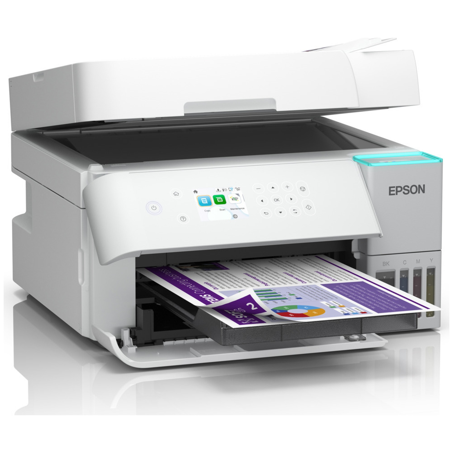 A white Epson printer with a document inside. The printer lid is open. The paper tray is extended.