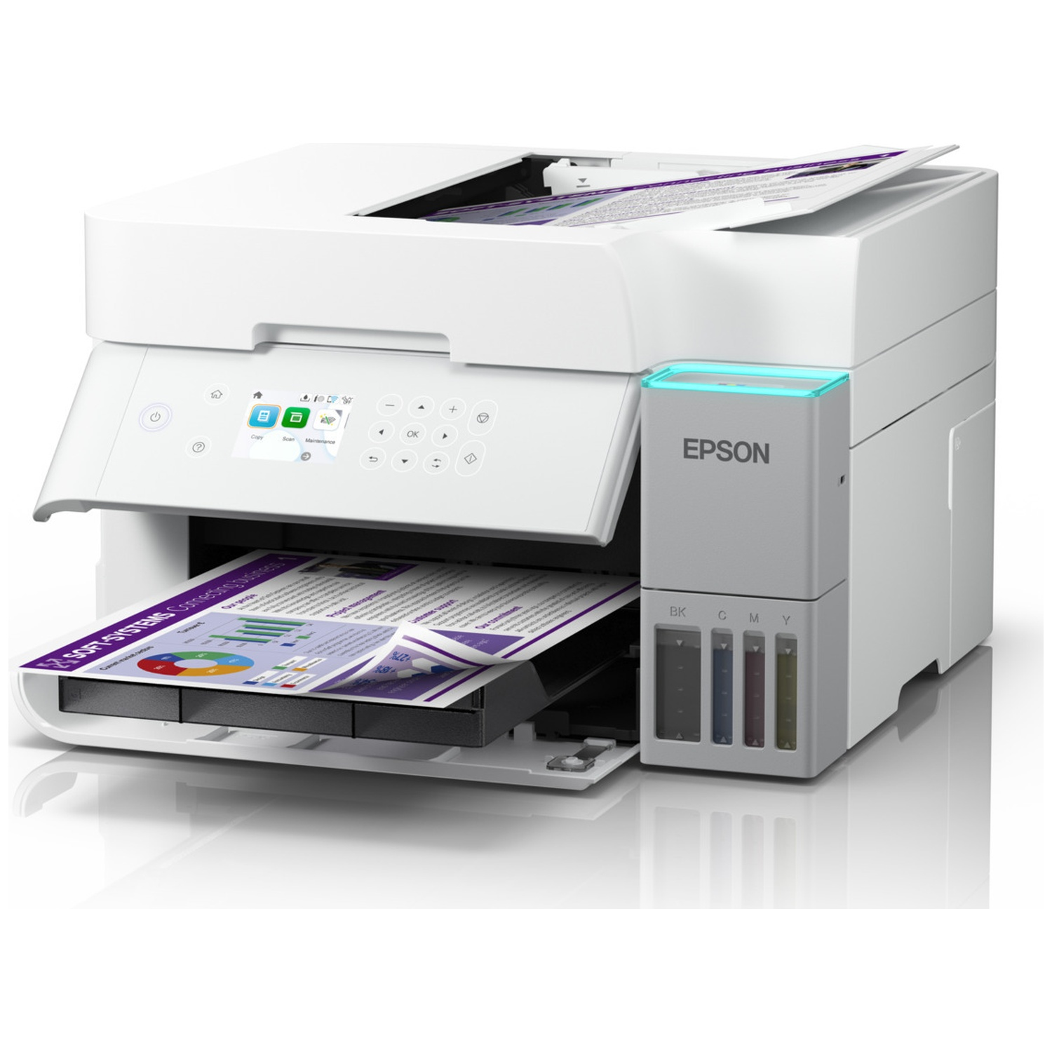 A white Epson printer with a paper tray open, displaying a printed document. Ink tanks on the side. A screen with options is visible.
