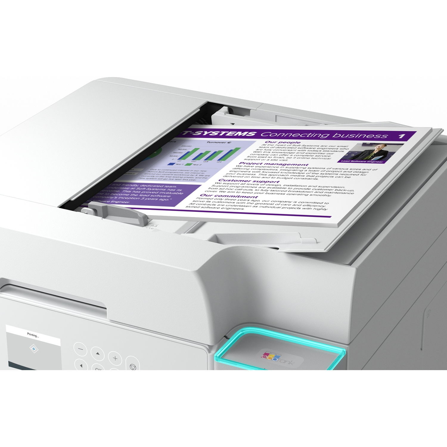 A printer with a document that says T-SYSTEMS Connecting business. The printer has a control panel and eco-tank.