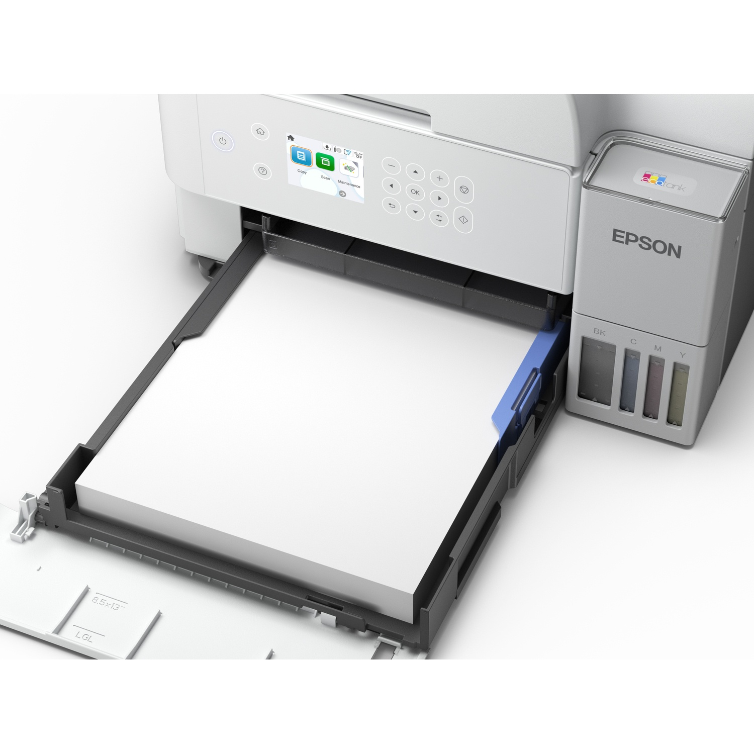 A white Epson printer with a paper tray full of white paper. Ink tanks are visible on the right side. Buttons and screen on the front.