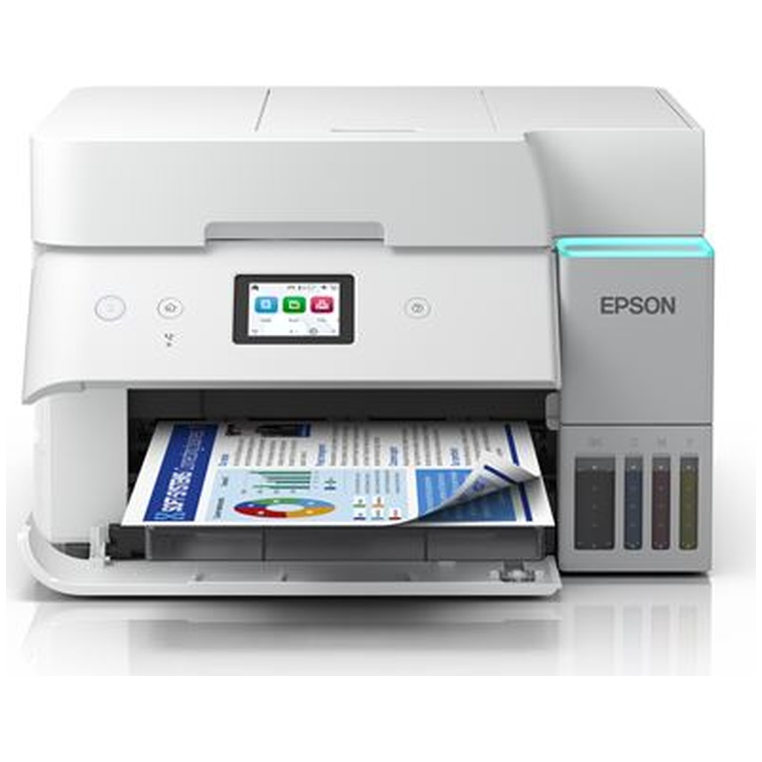 A white Epson printer with a paper tray holding a printed document. The printer has a small screen and a gray side panel.