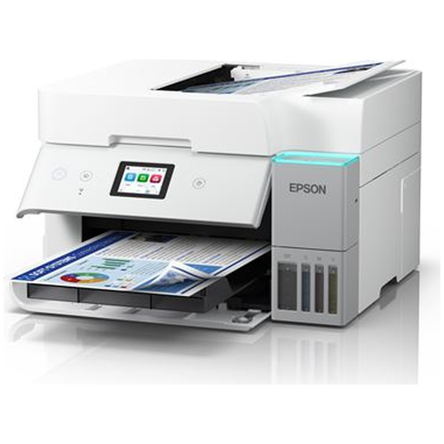 White Epson printer with paper tray open, containing a printed document. A small screen and ink cartridges are visible.