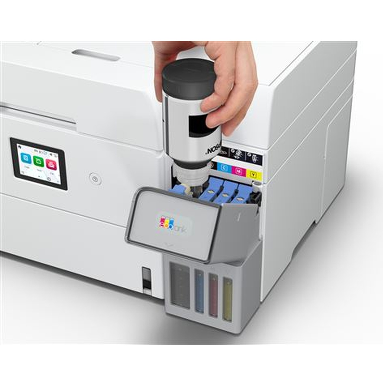 A person is filling a white printer with black ink from a bottle. The printer has a color screen and ink tanks.