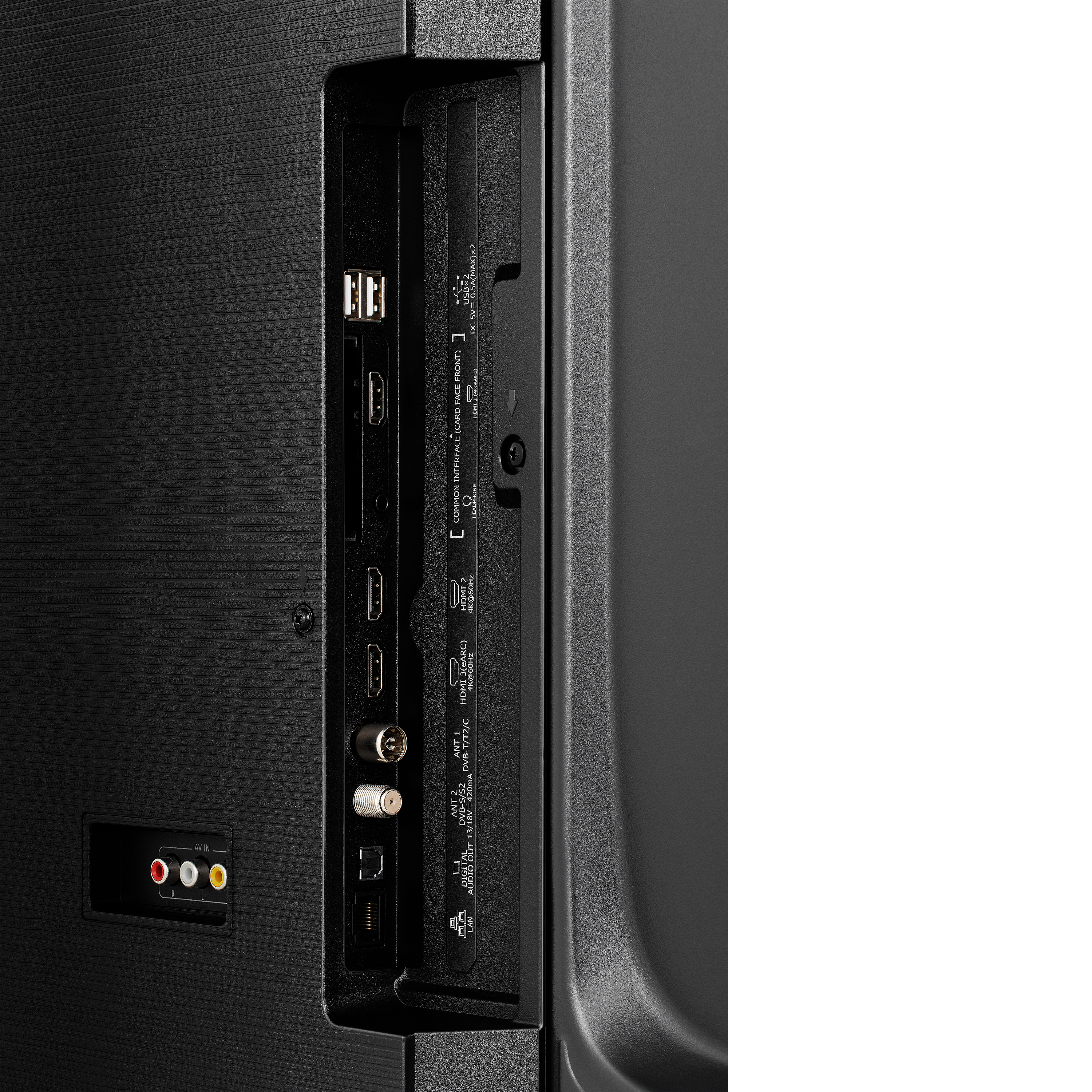 Nahaufnahme der Rückseite eines Fernsehers. Anschlüsse sind HDMI, USB, Antenne und Audioeingänge. Die Oberfläche ist schwarz, strukturiert.
