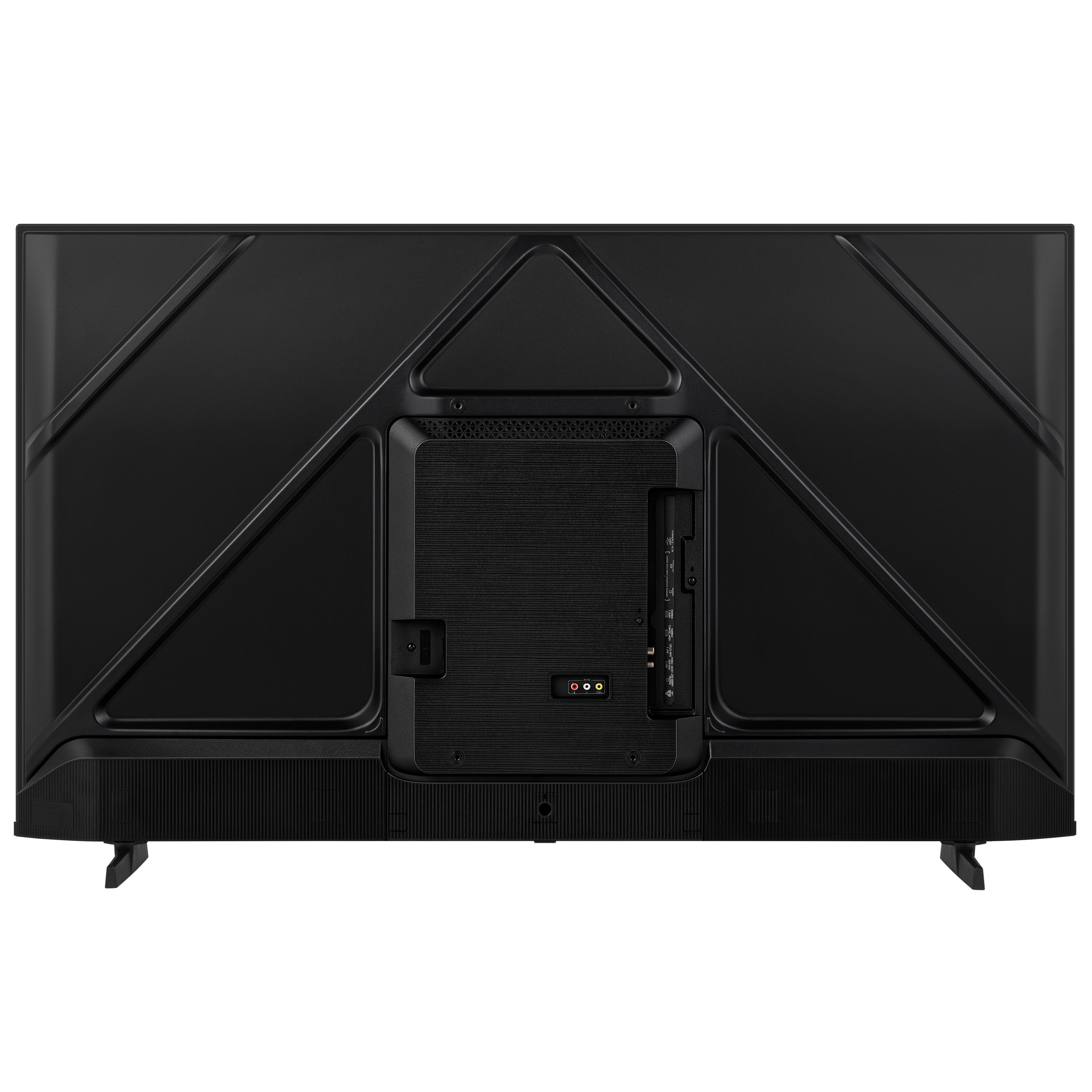Die Rückseite eines schwarzen Fernsehers. Es hat Anschlüsse, Lüftungsschlitze und einen Ständer.