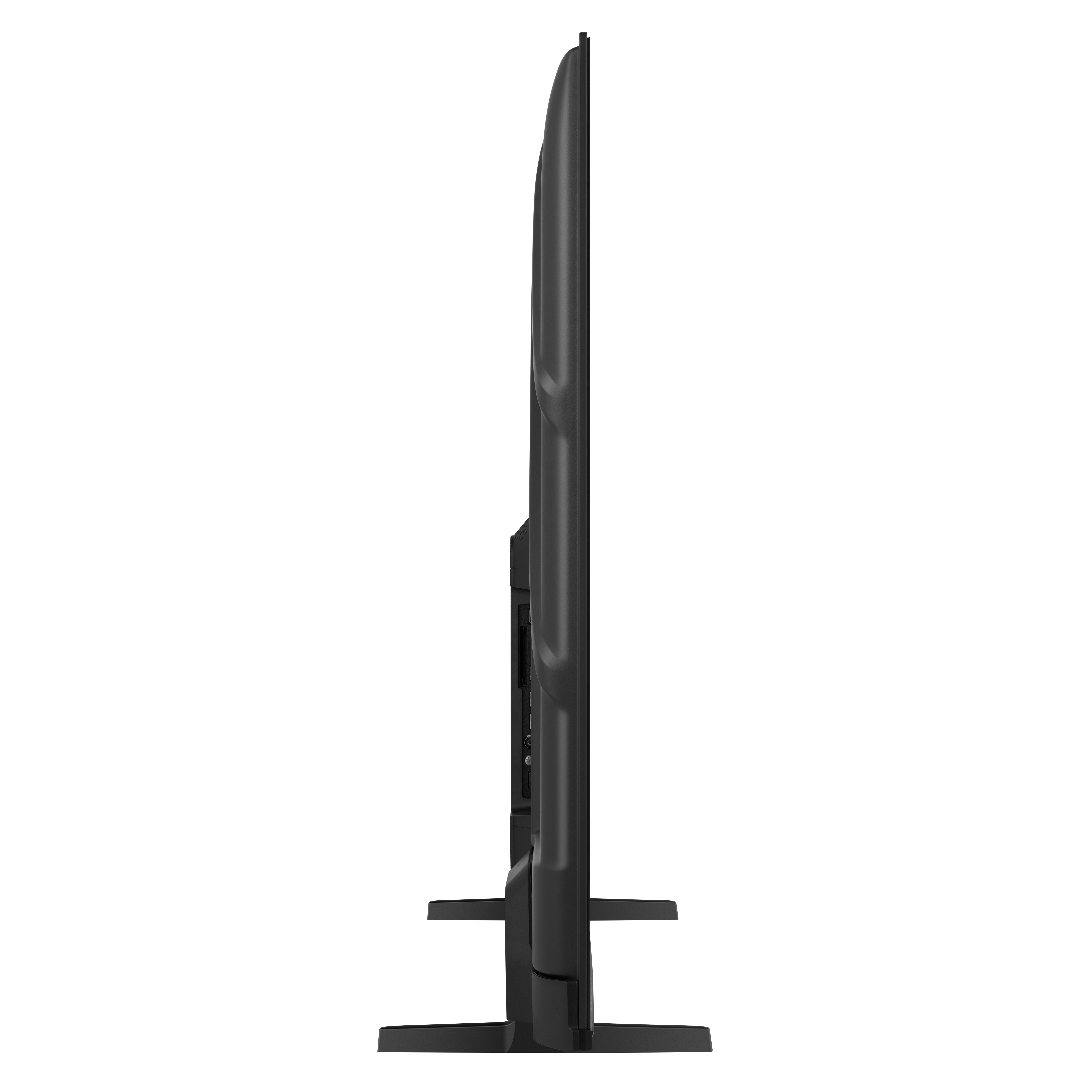 Seitenansicht eines schwarzen Flachbildfernsehers mit zwei Beinen. Der Fernseher ist zentriert.