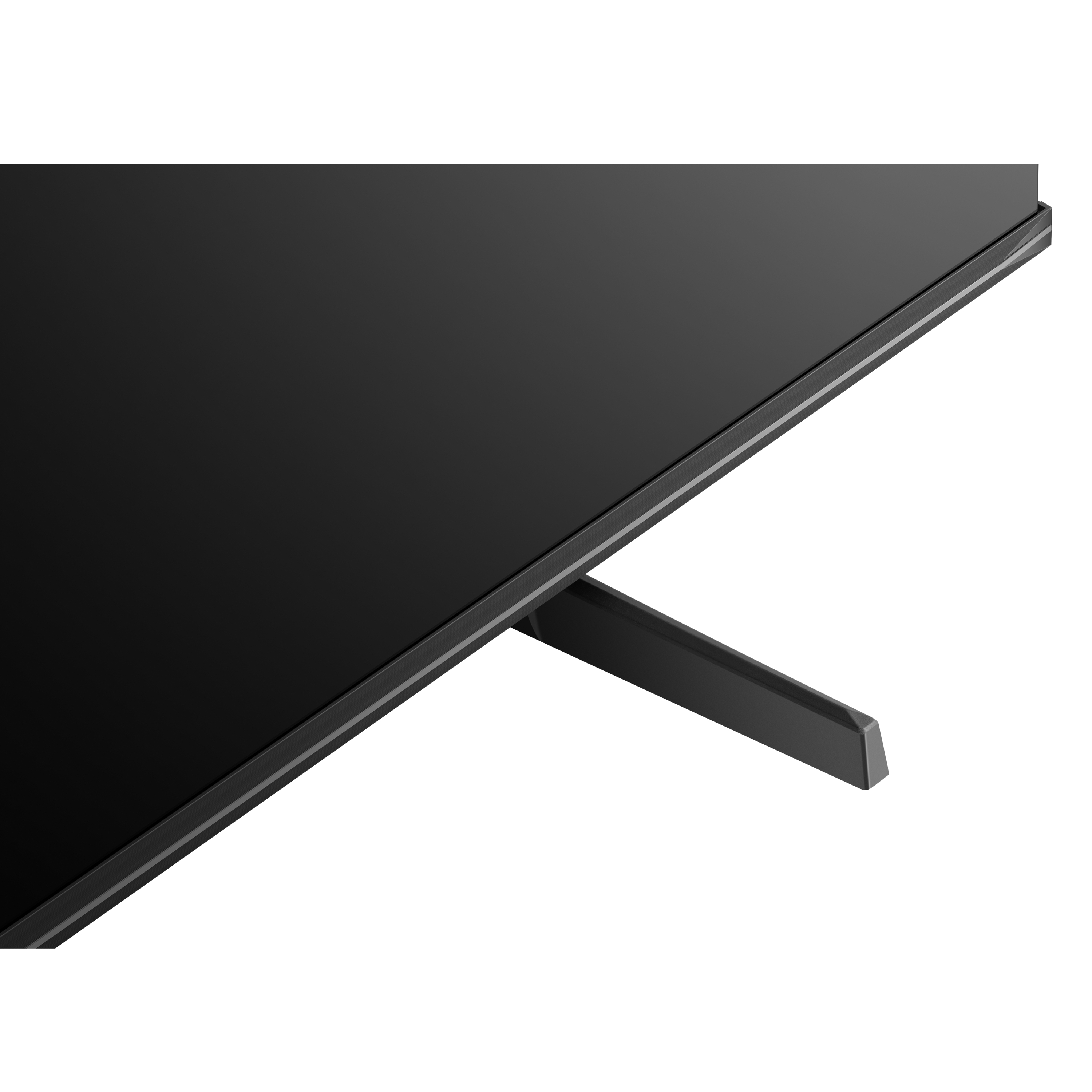 Ein schwarzer Fernsehbildschirm mit Ständer vor weißem Hintergrund. Der Fernseher ist angewinkelt.