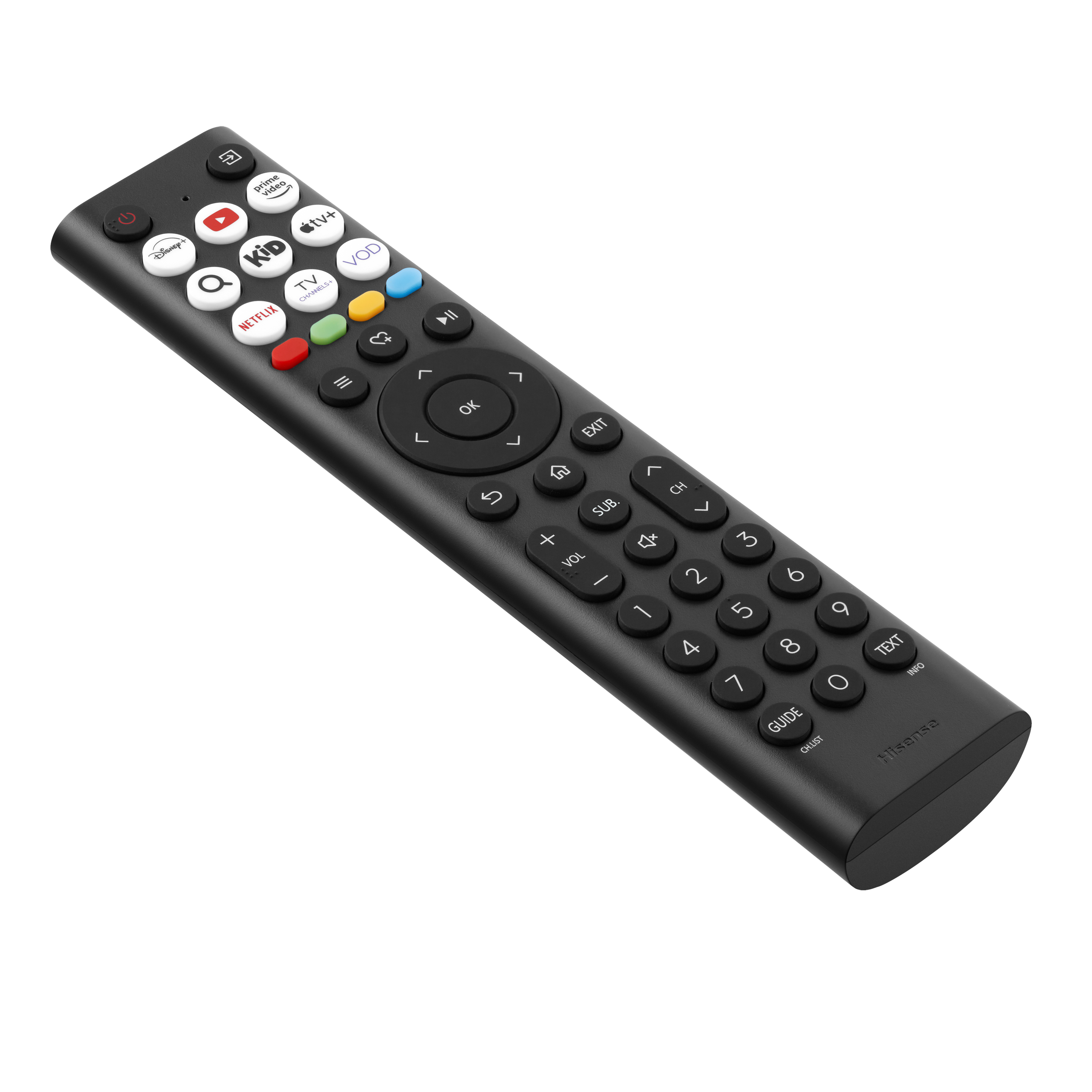 Eine schwarze Hisense-Fernbedienung. Sie hat viele Tasten, darunter Ein/Aus, Lautstärke, Kanal und Streaming-Dienste.