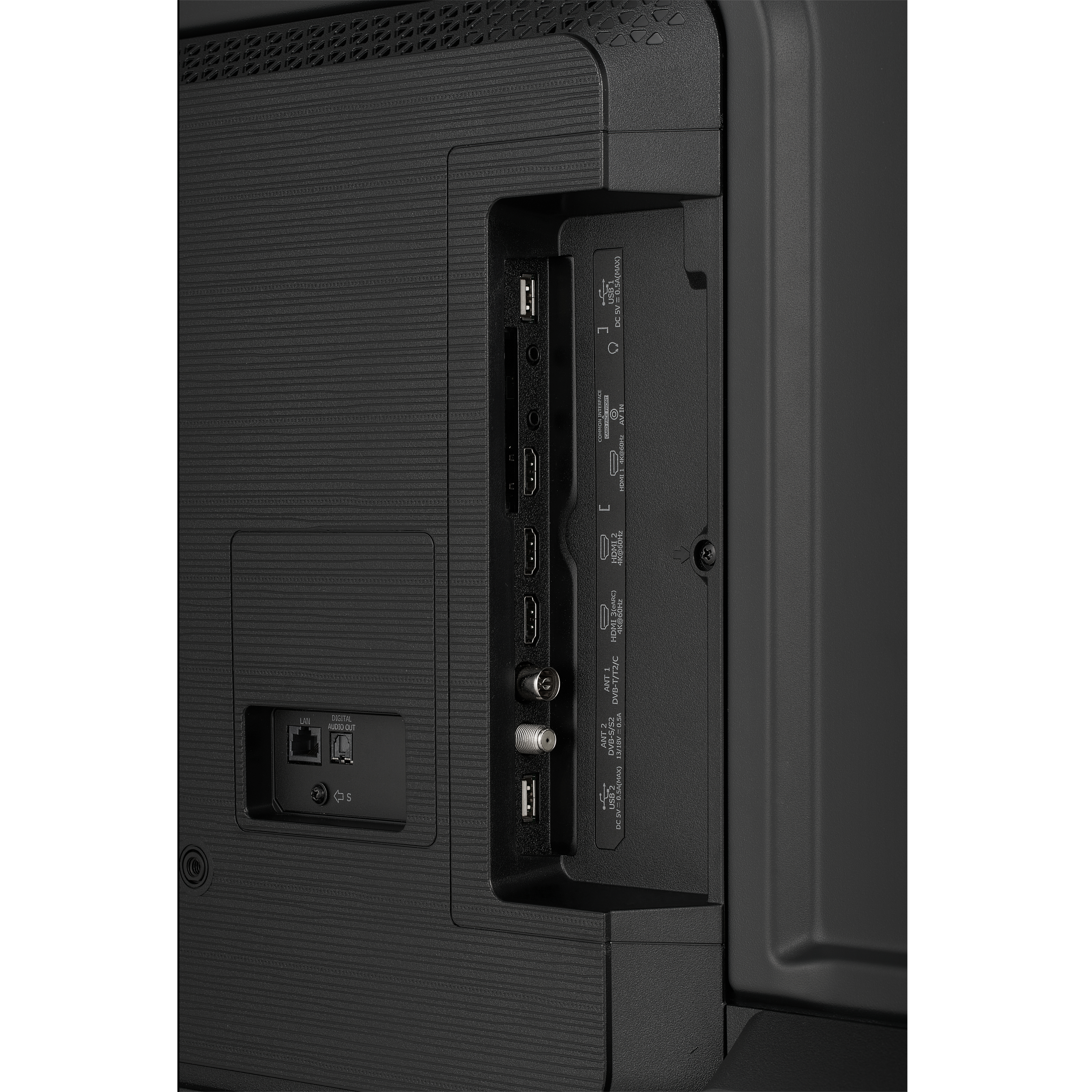 Nahaufnahme der Rückseite eines Fernsehers mit verschiedenen Anschlüssen: HDMI, USB, LAN und Antenneneingänge. Schwarze Kunststoffstruktur.