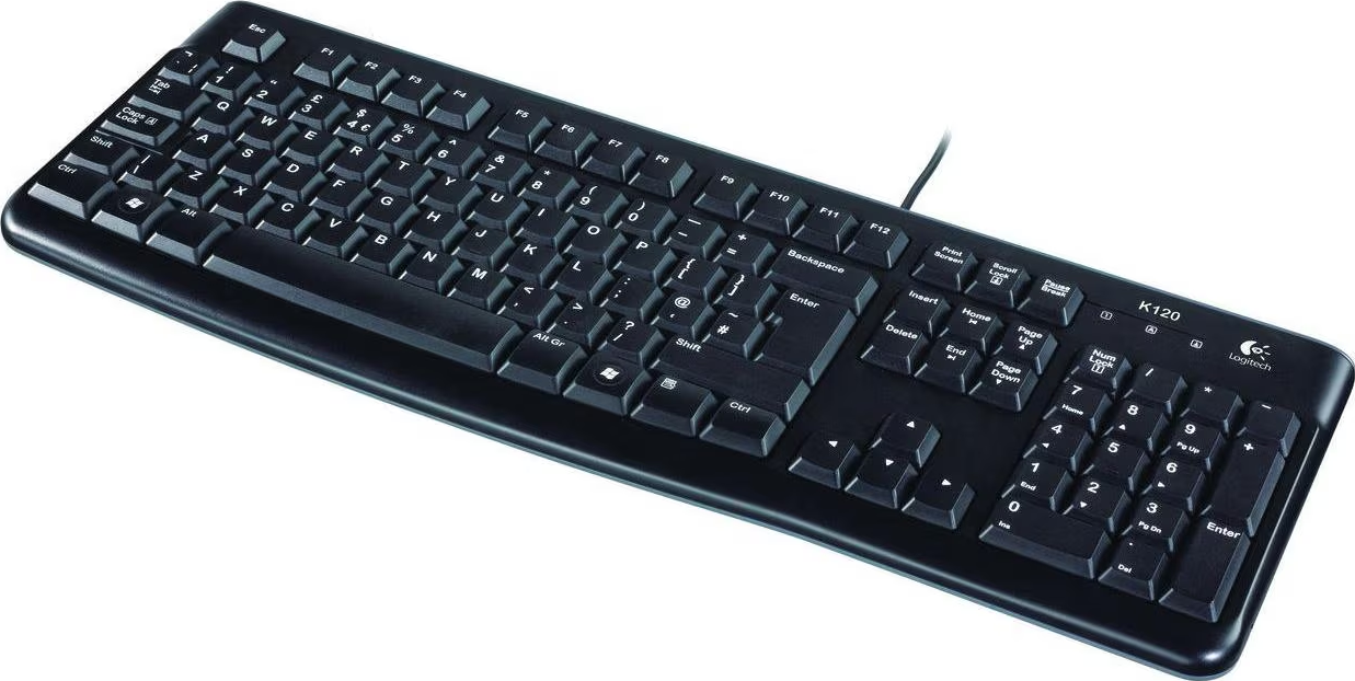 Eine schwarze Logitech K120-Tastatur mit weißer Beschriftung. Sie hat Standardtasten, einen Ziffernblock und ein Kabel.