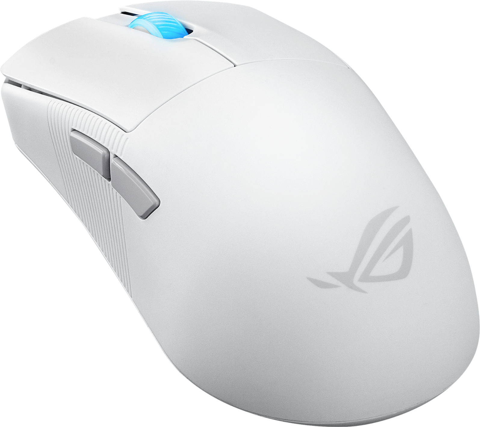 Mouse da gaming ROG bianco con pulsanti grigi, rotella di scorrimento blu brillante e logo ROG. Isolato su sfondo nero.