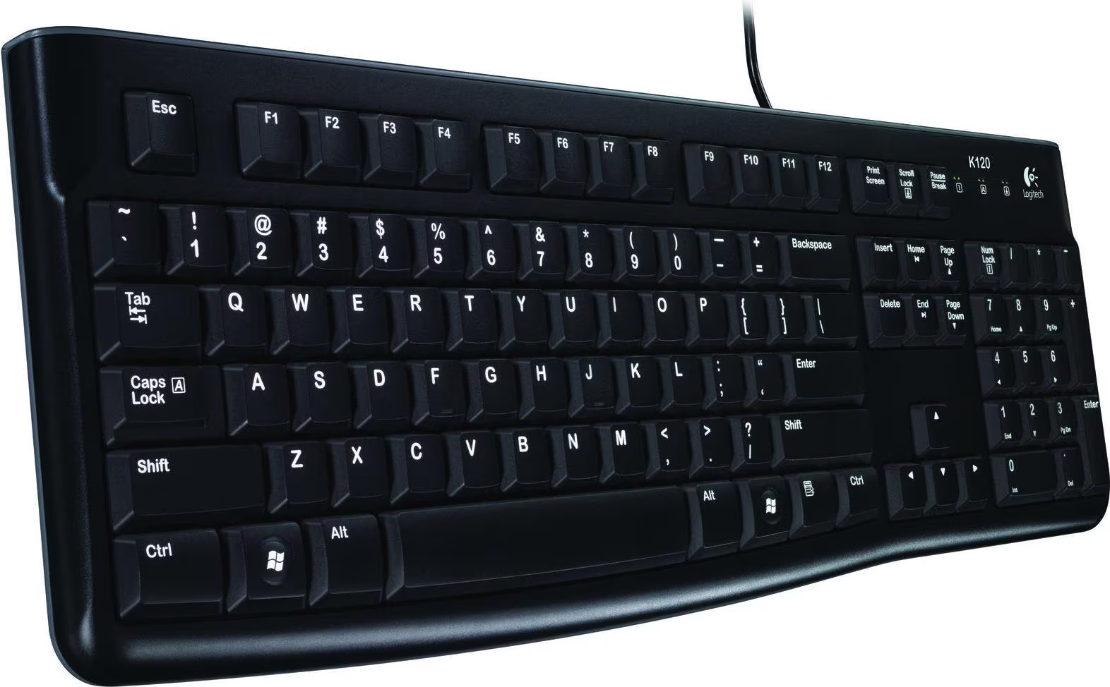 Schwarze Logitech K120-Tastatur mit weißen Tasten und Buchstaben. Enthält Funktionstasten, Ziffernblock und eine Windows-Taste.