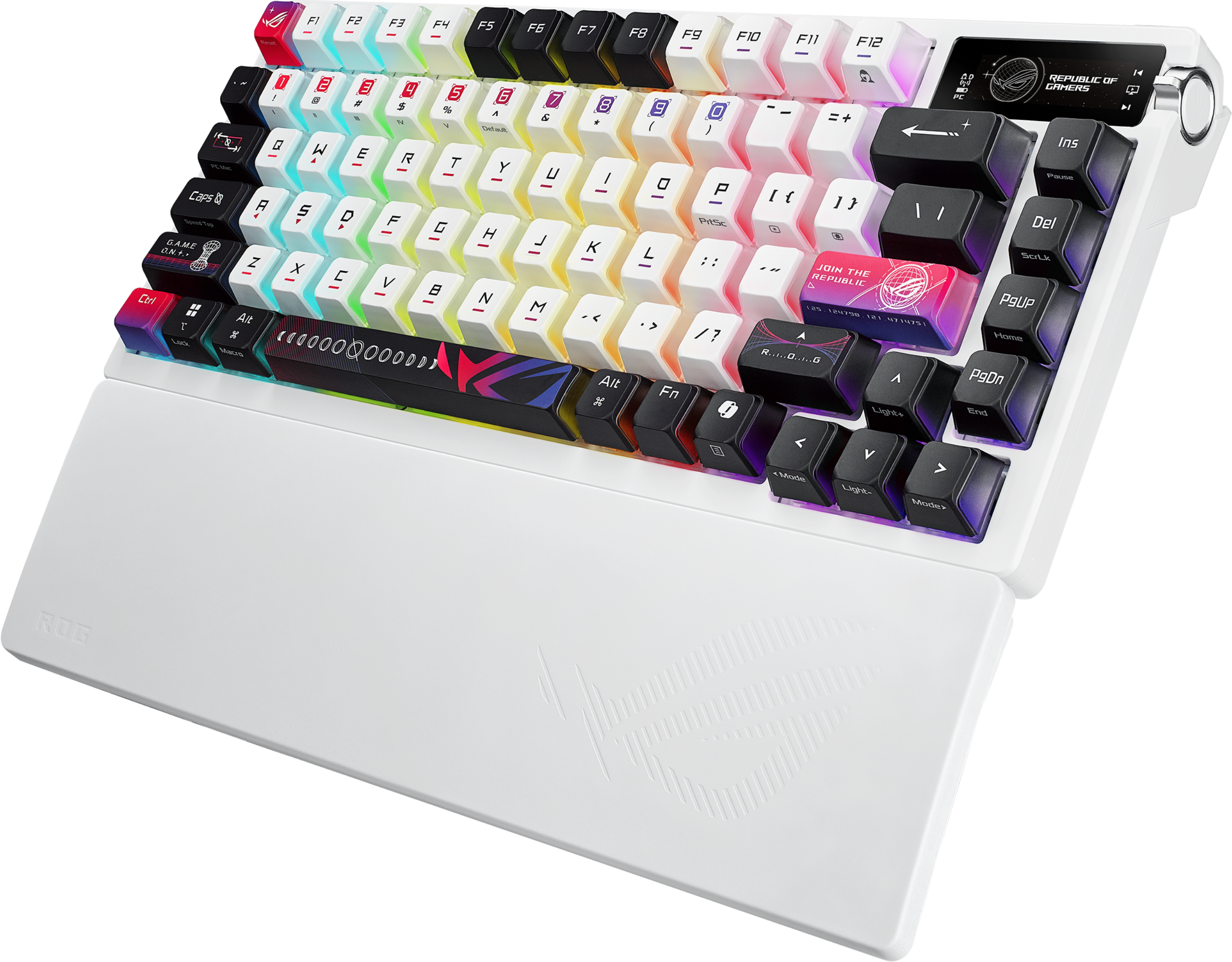 Eine weiße Gaming-Tastatur mit bunten Tasten. Merkmale sind das ROG-Logo, Funktionstasten und Mediensteuerung.