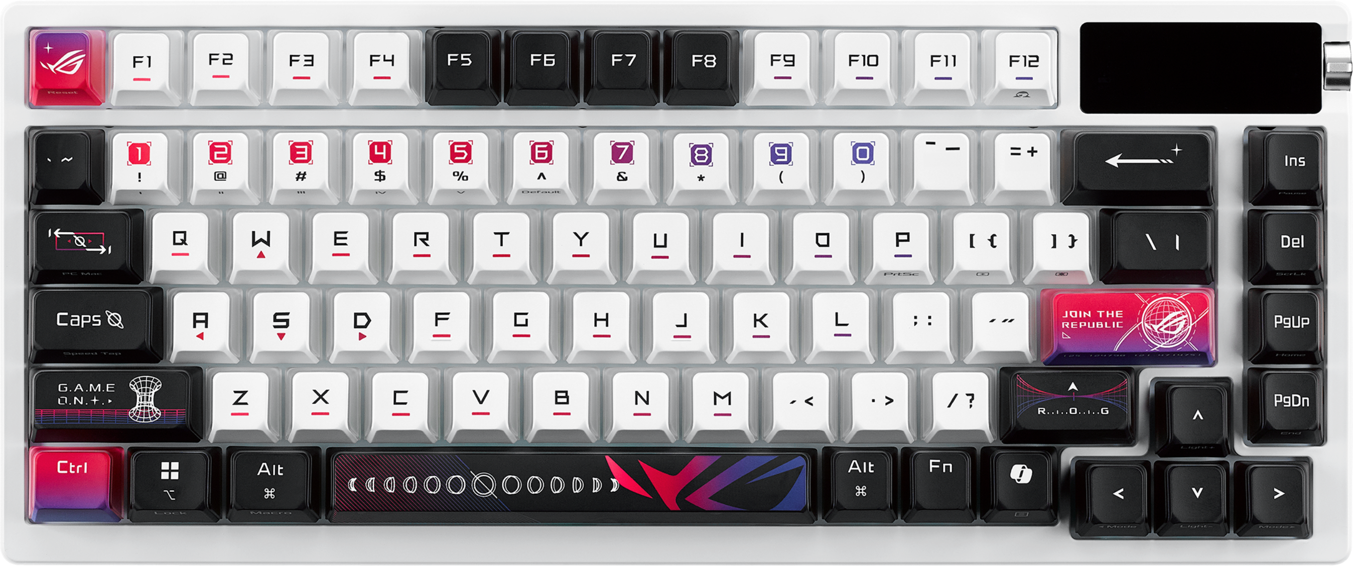 Eine weiße mechanische Tastatur mit schwarzen und weißen Tasten, einschließlich Funktionstasten und einem Logo.