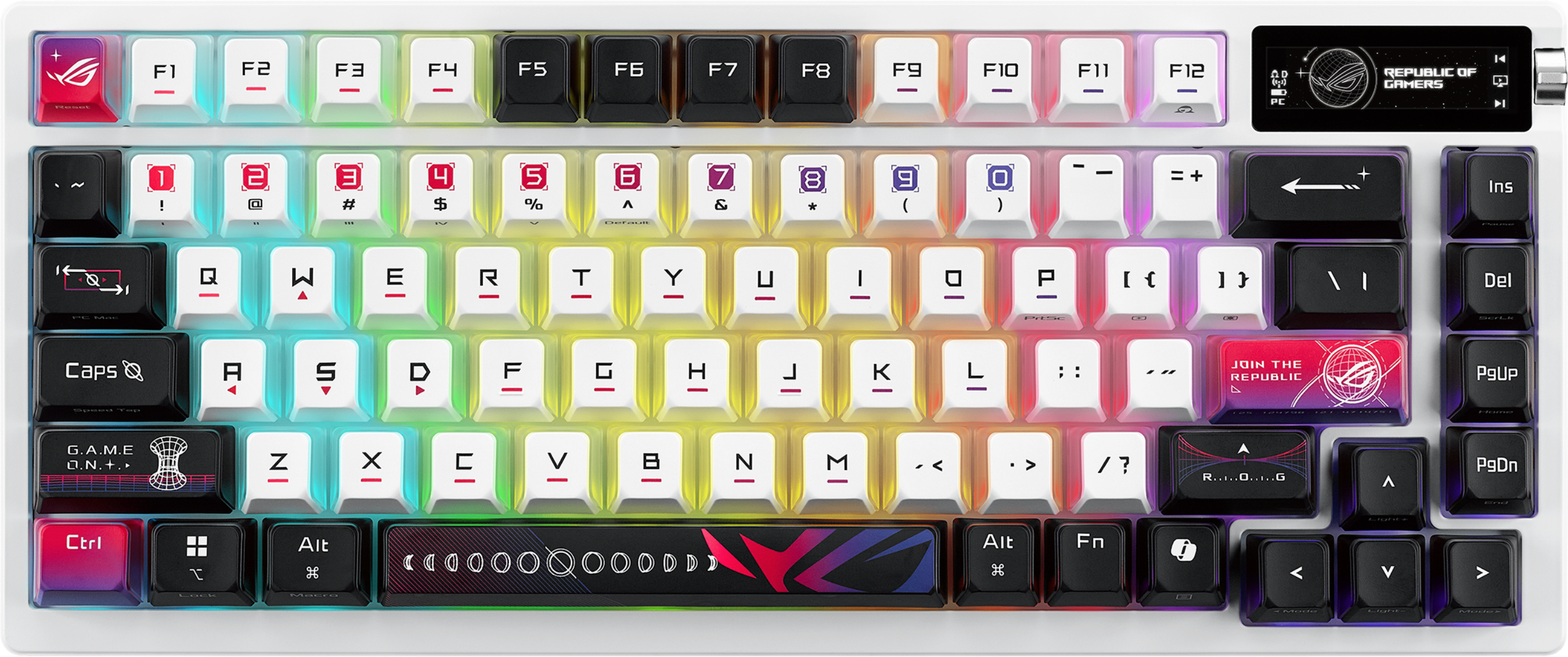 Weiße Tastatur mit verschiedenen Tasten, darunter Funktionstasten, Buchstaben, Zahlen und Symbole. Die Tastatur hat LED-Leuchten.
