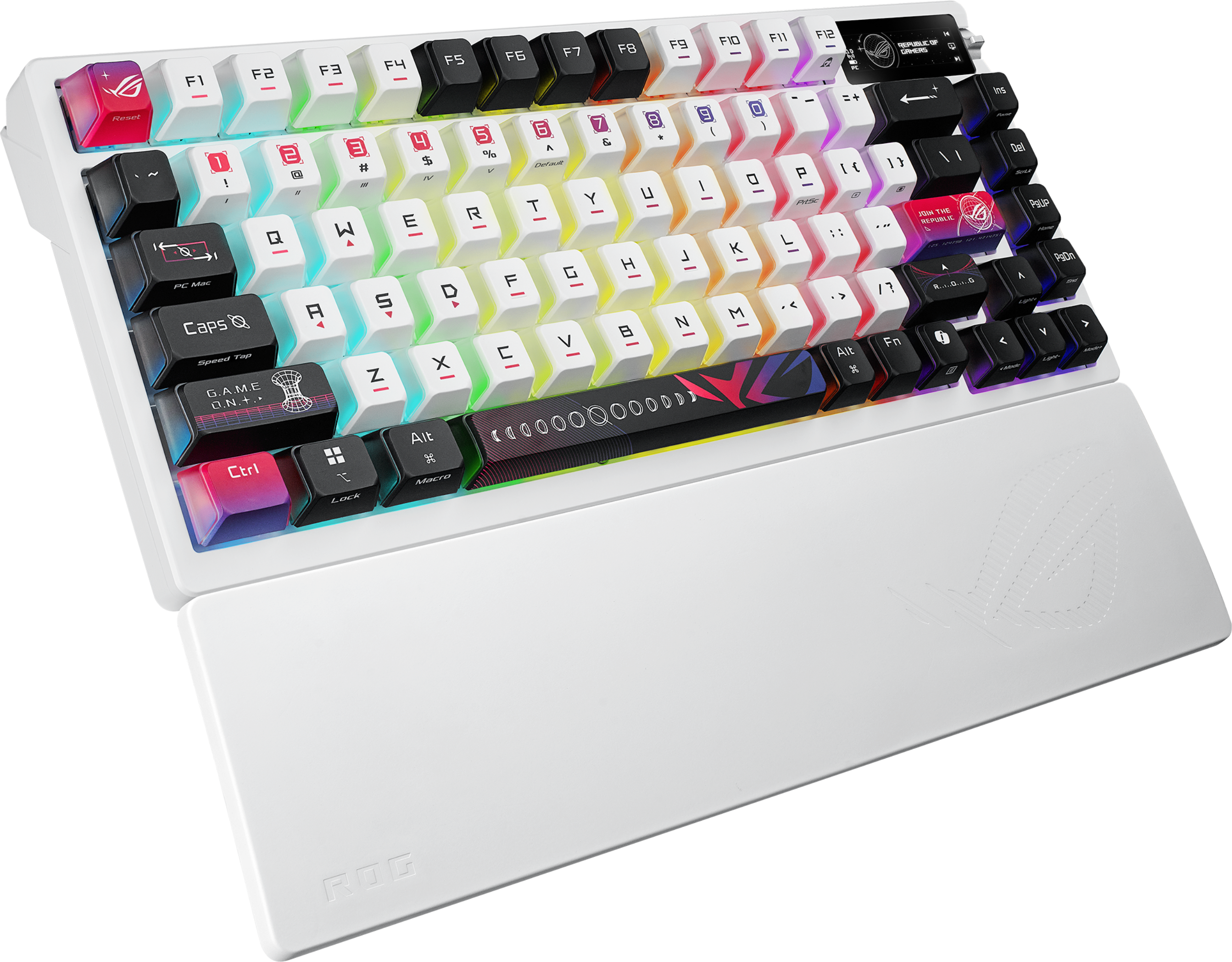 Weiße Gaming-Tastatur mit Hintergrundbeleuchtung. Mit Handballenauflage und ROG-Logo.
