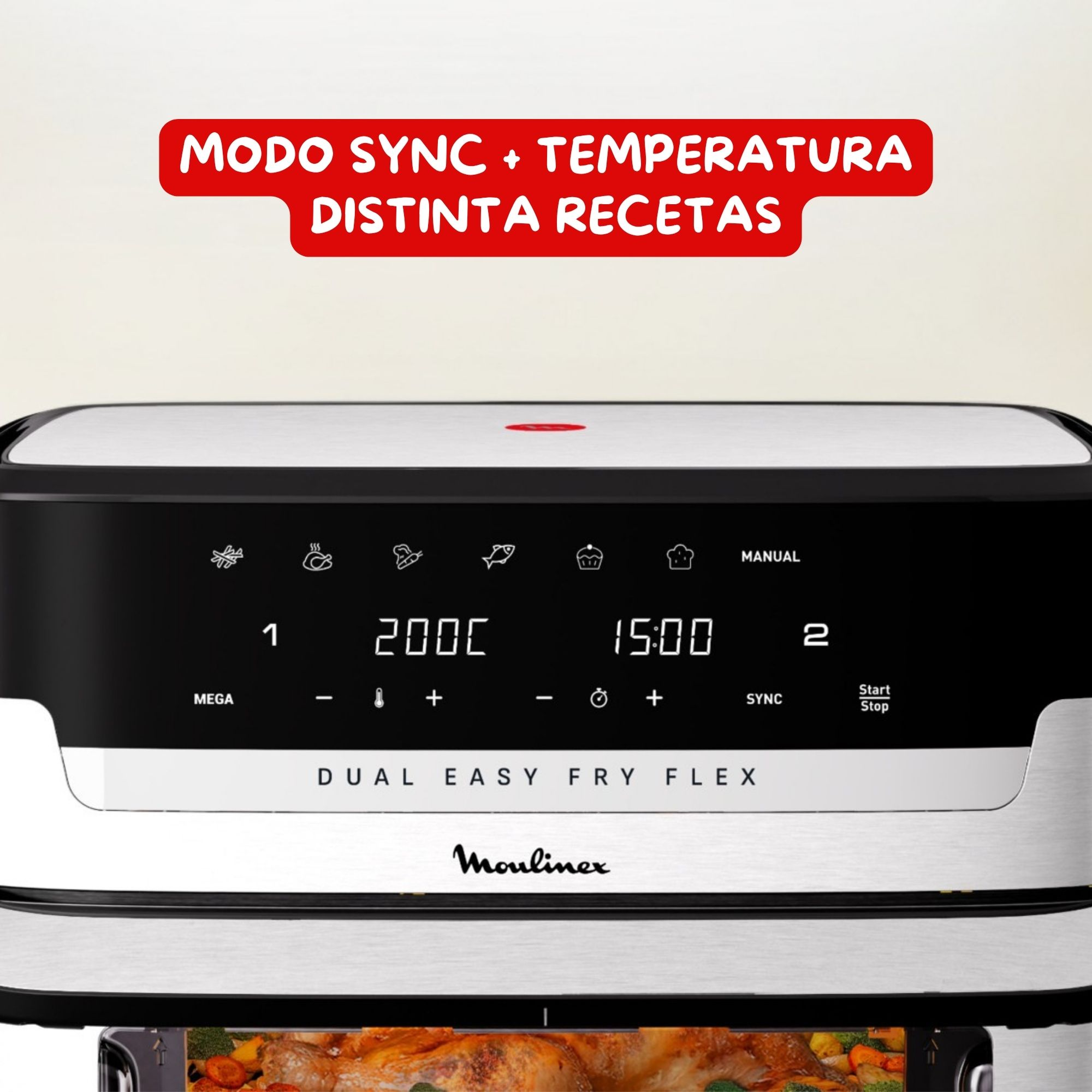 Una freidora de aire con pantalla digital, que muestra la configuración de temperatura y tiempo, y una pancarta roja arriba.