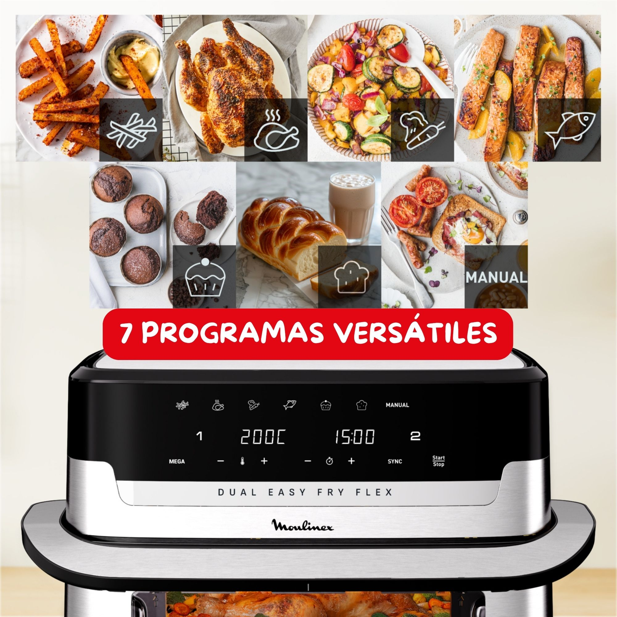 Una freidora de aire con imágenes de comida en la parte superior. La freidora tiene un panel de control negro y plateado. El texto "7 programas versátiles" es visible.