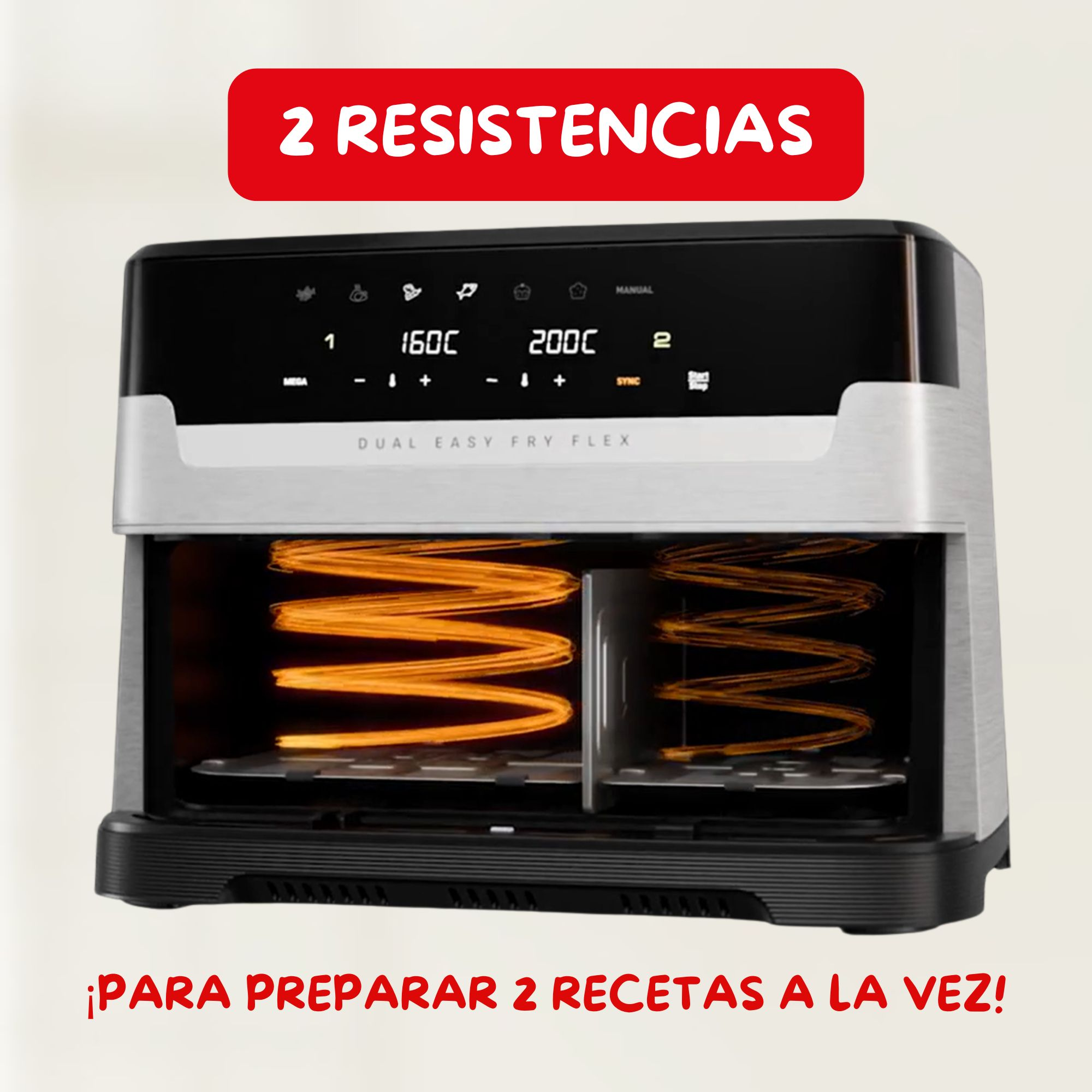 Una freidora de aire con dos elementos calefactores visibles. El texto rojo dice '2 RESISTENCIAS' y 'PARA PREPARAR 2 RECETAS A LA VEZ!'