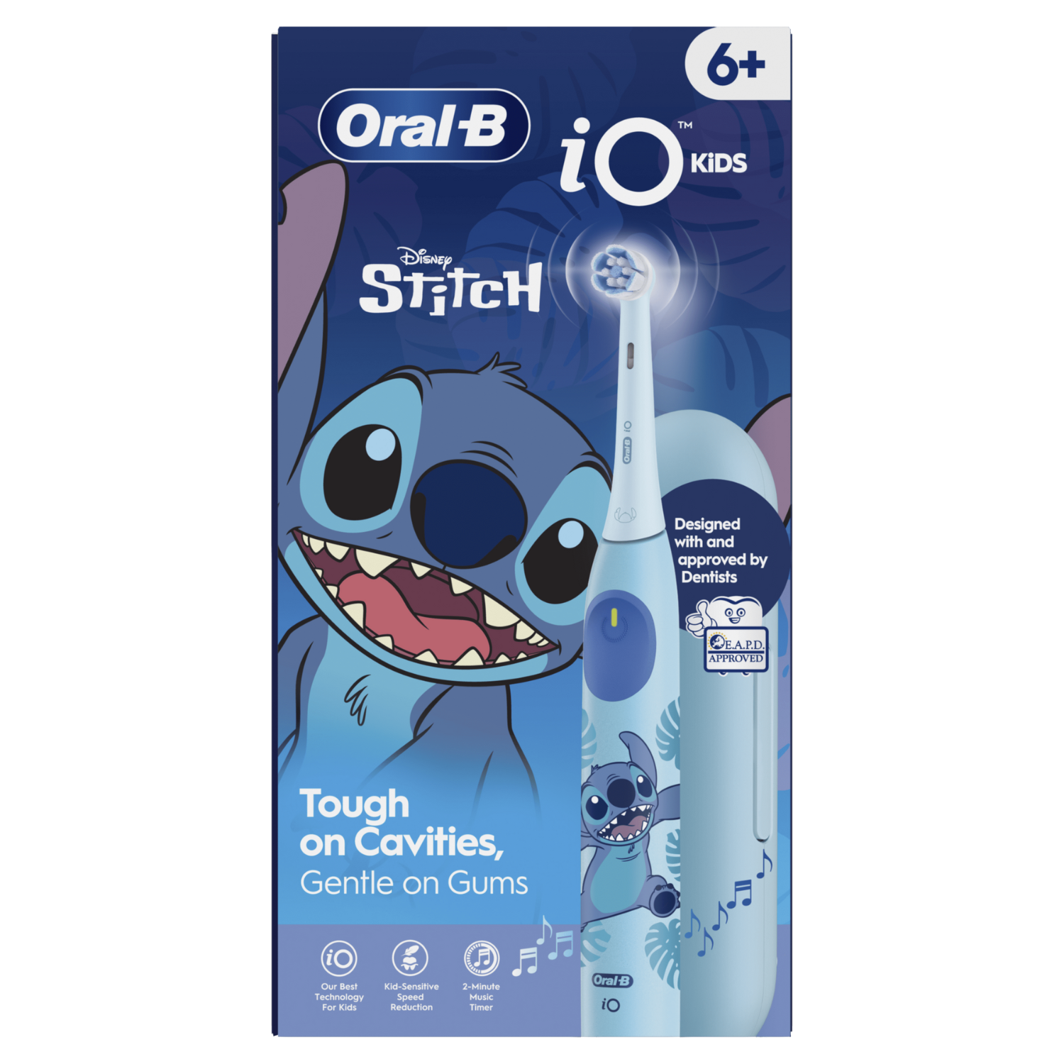 Cepillo de dientes Oral-B iO para niños con Stitch. Cepillo azul con ilustración de Stitch, diseñado para niños, eficaz contra caries, suave con las encías.