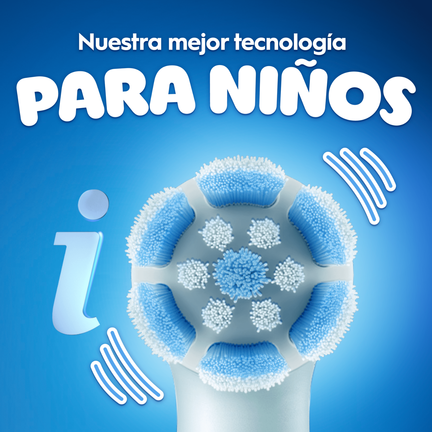 Se muestra un cabezal de cepillo de dientes con cerdas azules y blancas. El texto 'PARA NIÑOS' (PARA NIÑOS) está arriba.