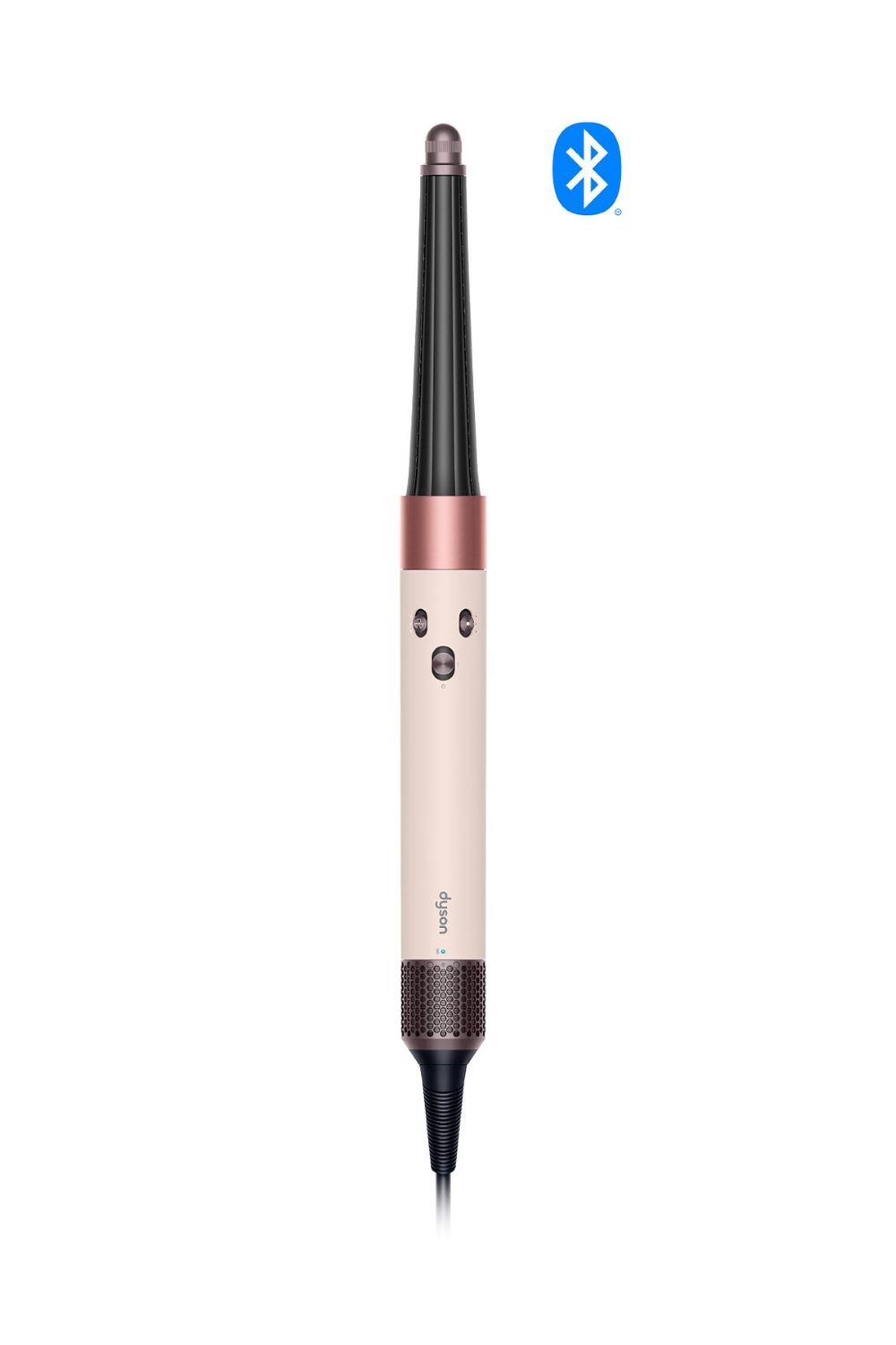 Egy Dyson hajgöndörítő fekete hordóval és rózsaszín fogantyúval. A jobb felső sarokban egy Bluetooth szimbólum található. Fehér háttéren van.
