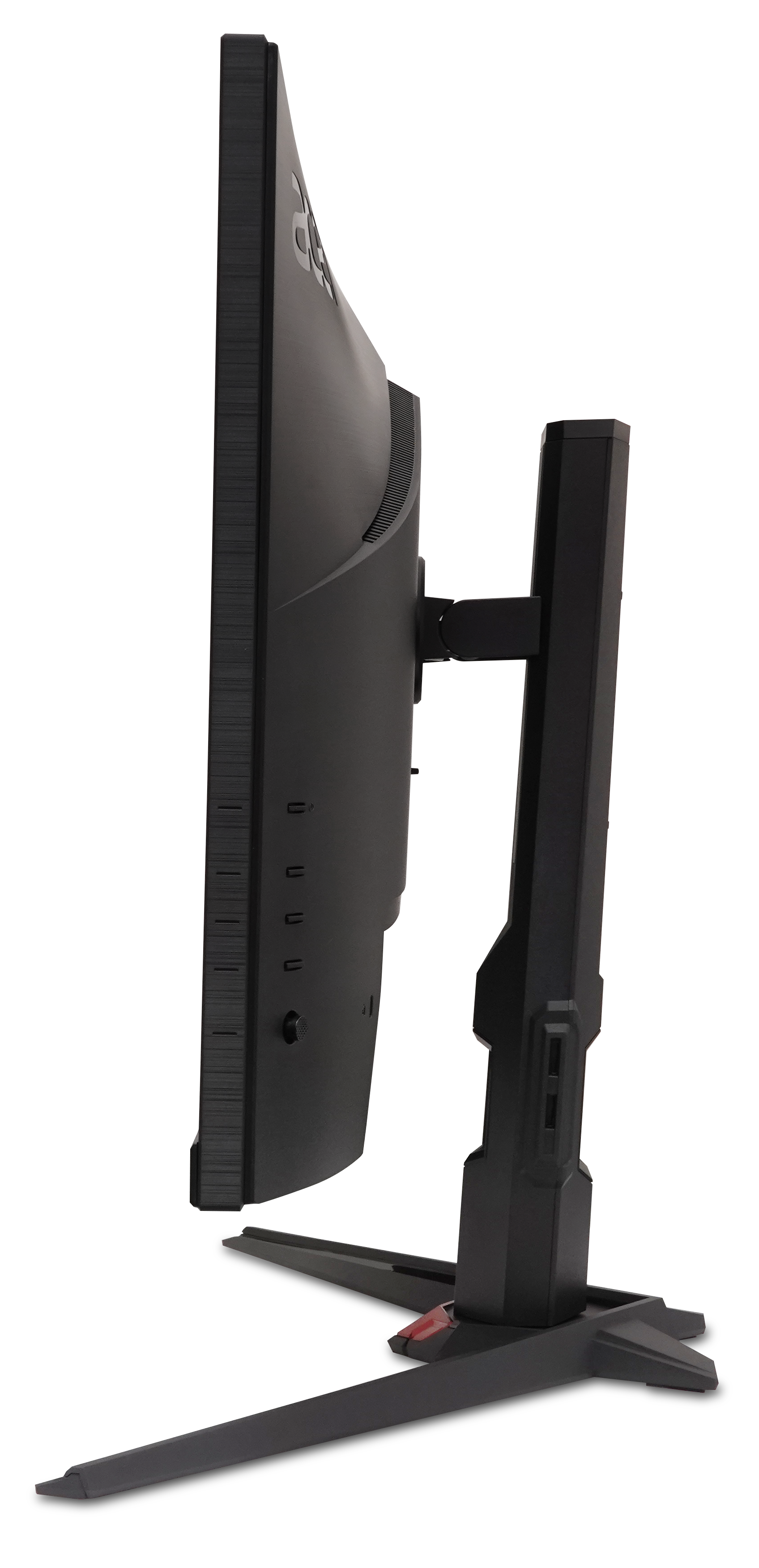 Widok z boku zakrzywionego czarnego monitora ze stojakiem. Stojak ma czerwony akcent. Tło jest czarne.